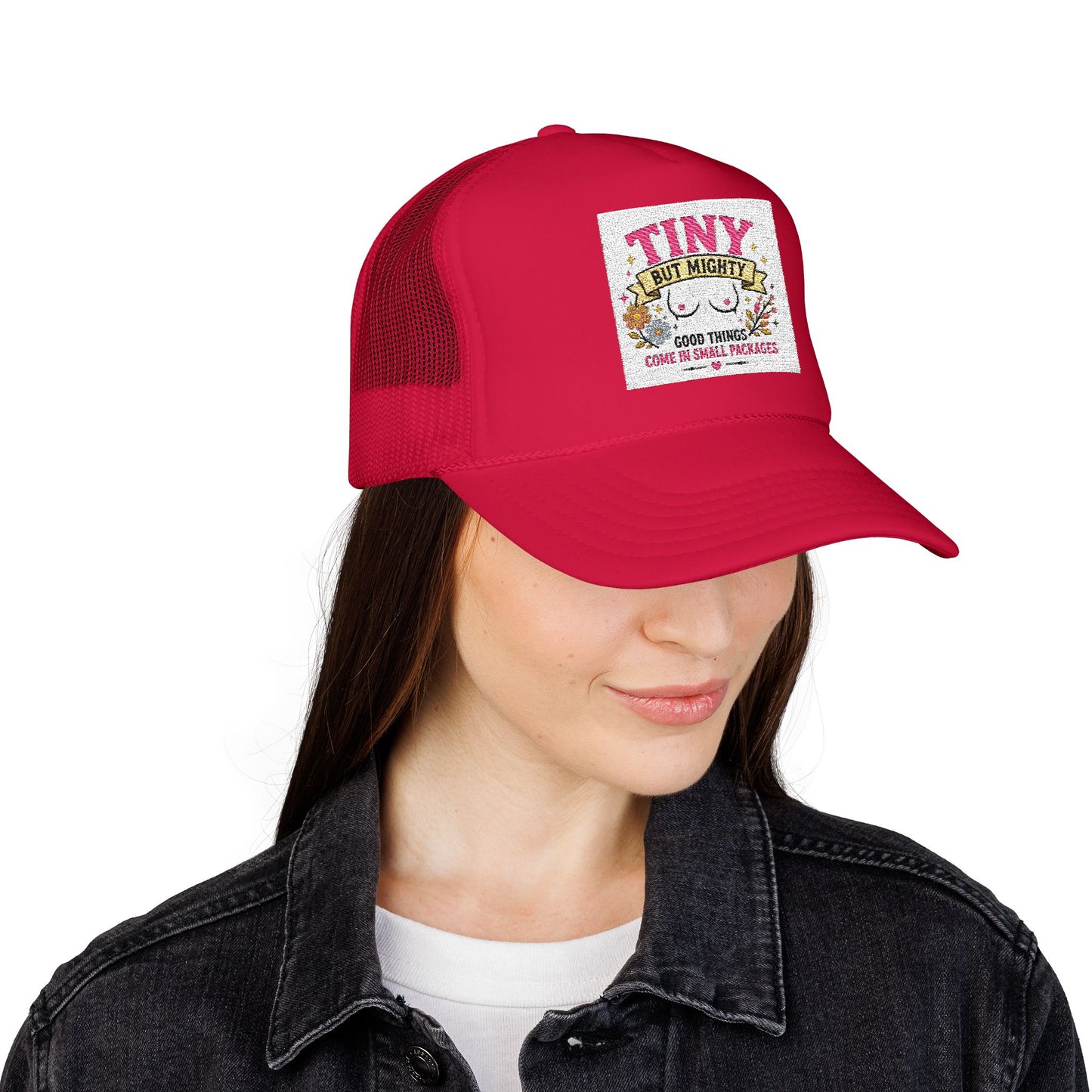 Tiny But Mighty design Foam Trucker Hat | cute floral graphic, pink mesh