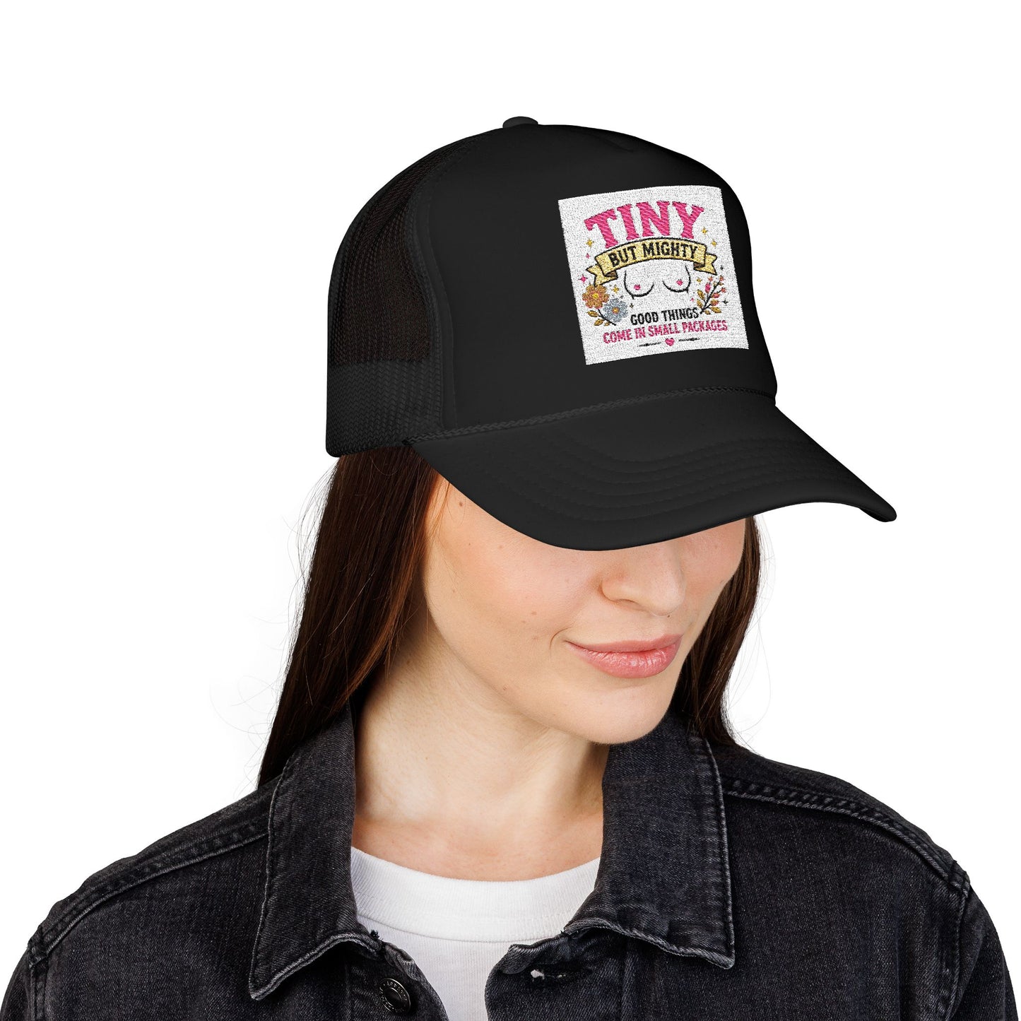 Tiny But Mighty design Foam Trucker Hat | cute floral graphic, pink mesh
