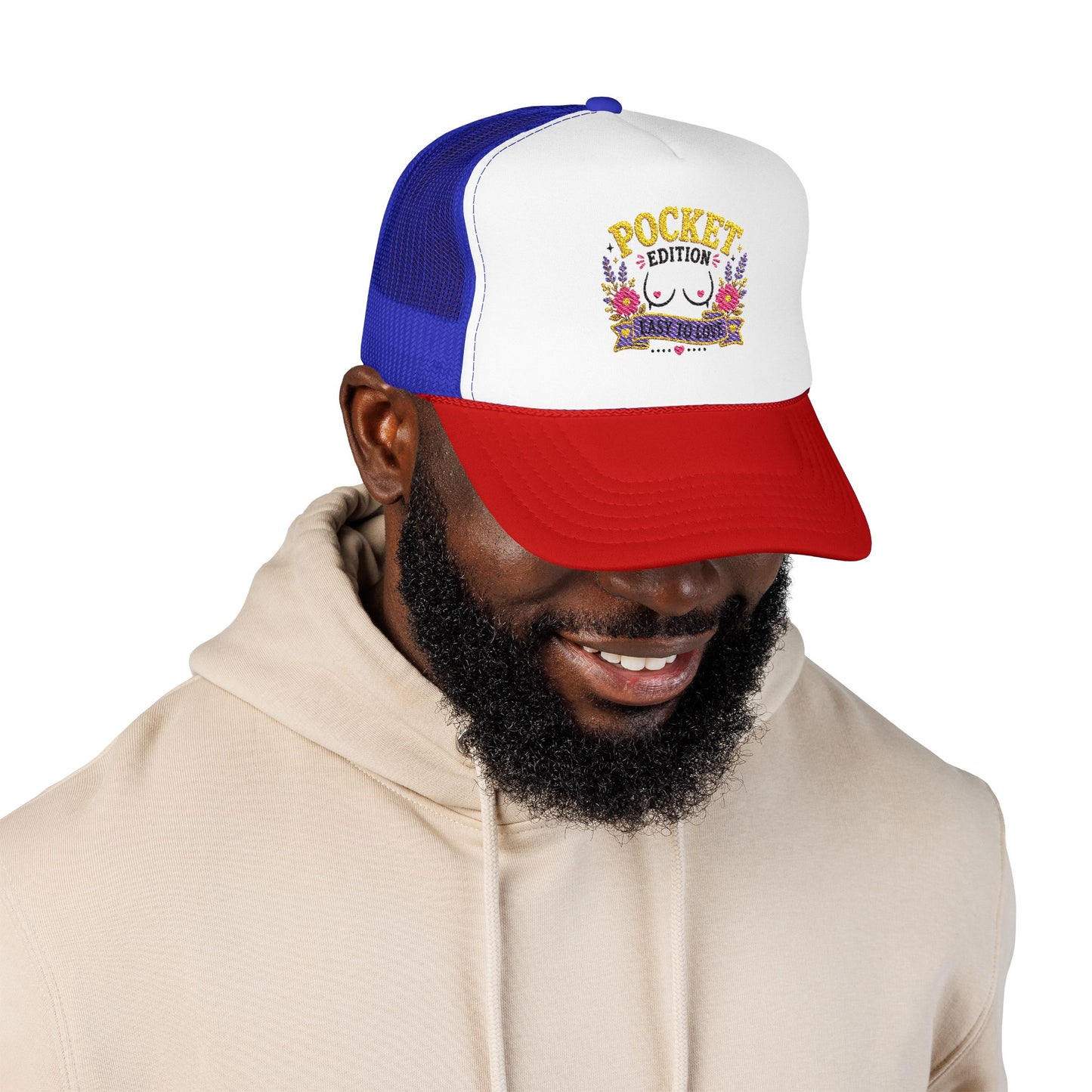 Pocket Edition breast illustration Foam Trucker Hat | floral graphic, playful slogan