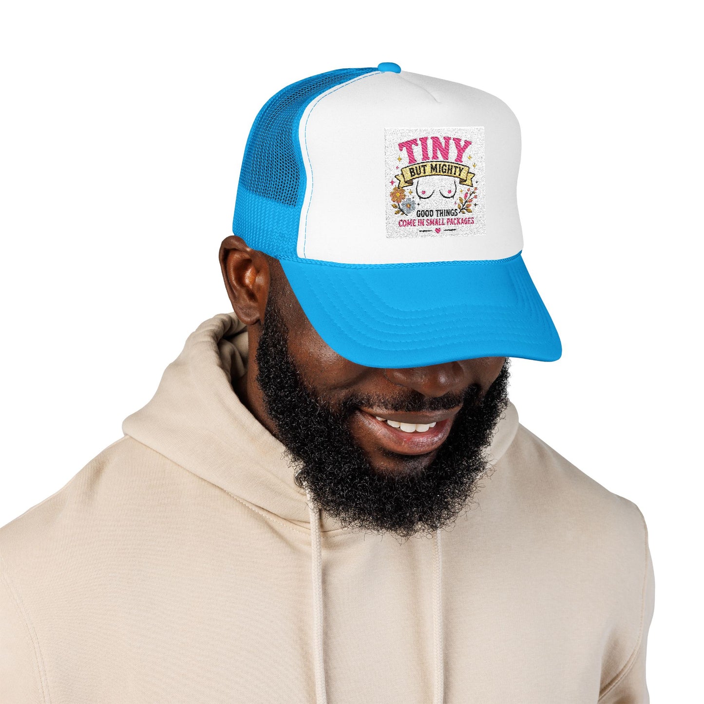Tiny But Mighty design Foam Trucker Hat | cute floral graphic, pink mesh