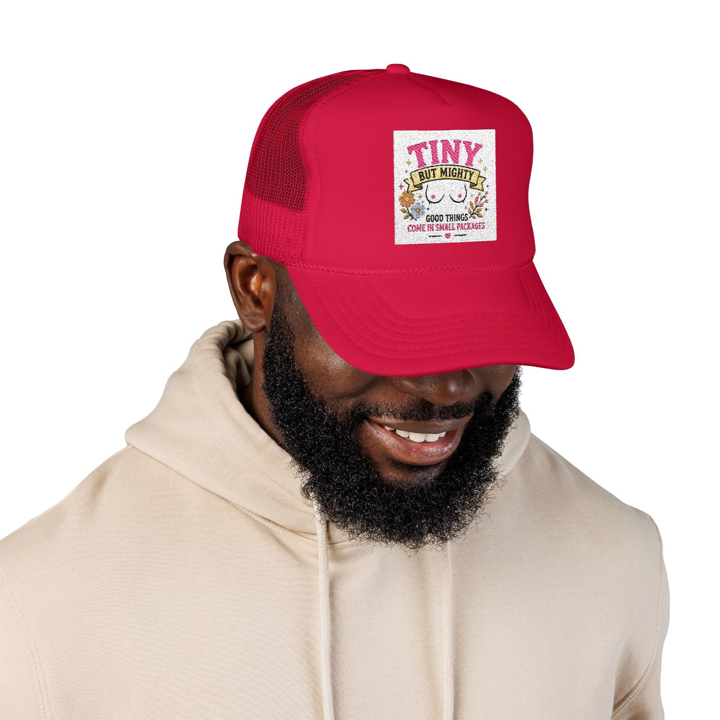 Tiny But Mighty design Foam Trucker Hat | cute floral graphic, pink mesh