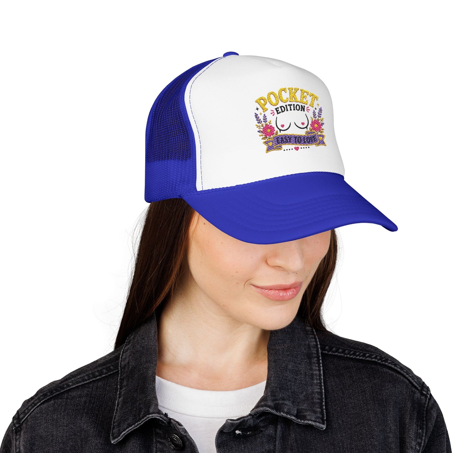 Pocket Edition breast illustration Foam Trucker Hat | floral graphic, playful slogan