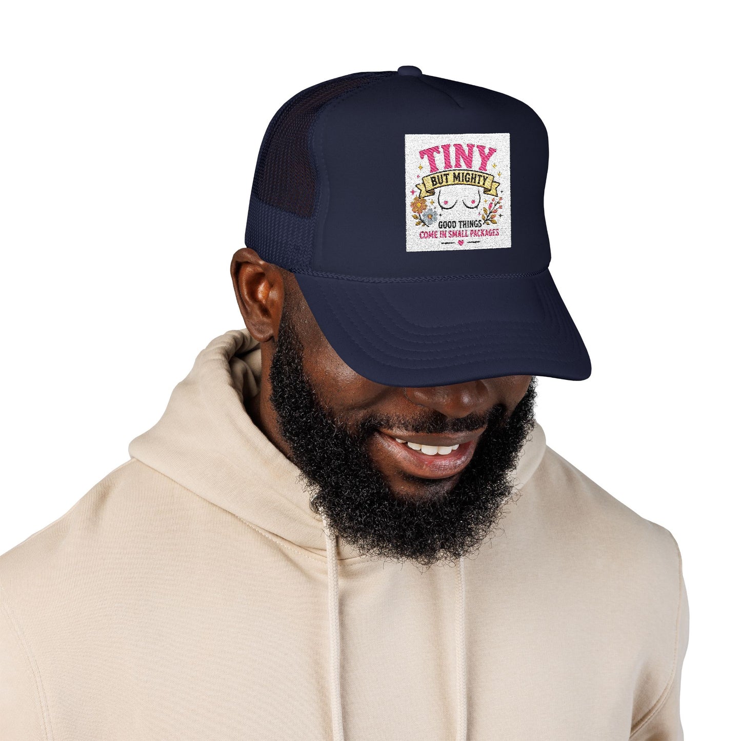 Tiny But Mighty design Foam Trucker Hat | cute floral graphic, pink mesh
