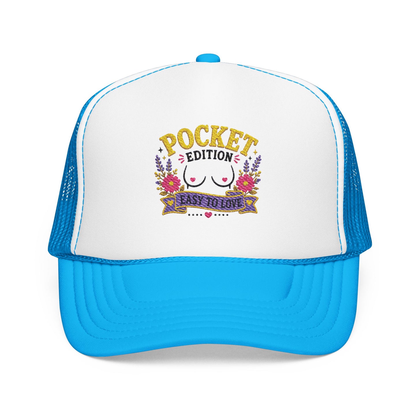 Pocket Edition breast illustration Foam Trucker Hat | floral graphic, playful slogan