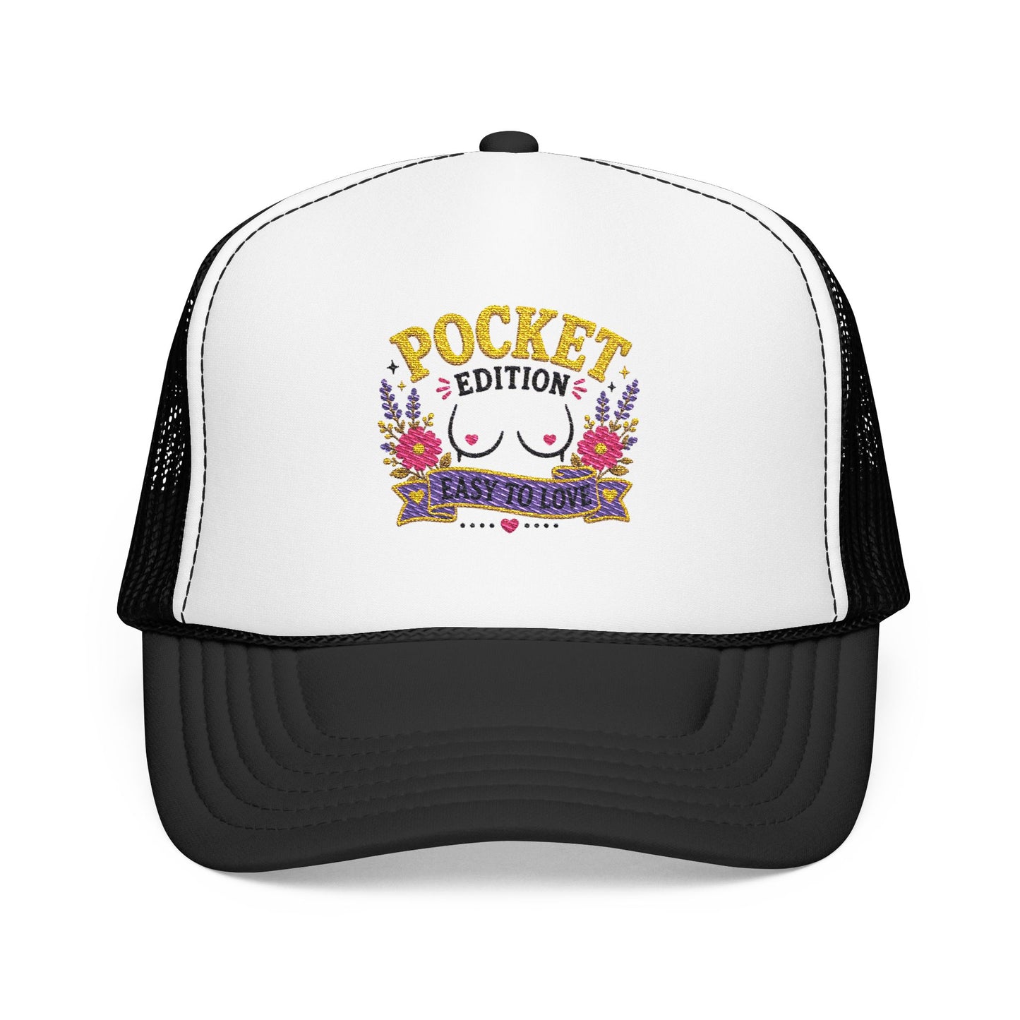 Pocket Edition breast illustration Foam Trucker Hat | floral graphic, playful slogan