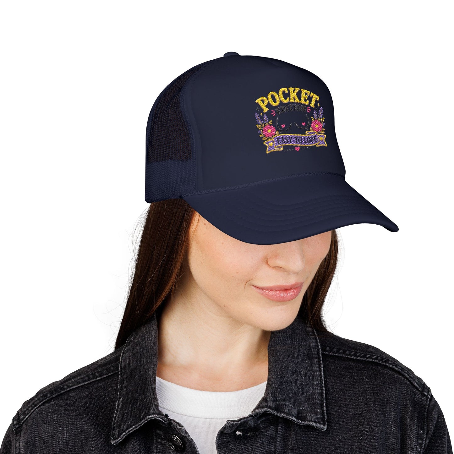 Pocket Edition breast illustration Foam Trucker Hat | floral graphic, playful slogan