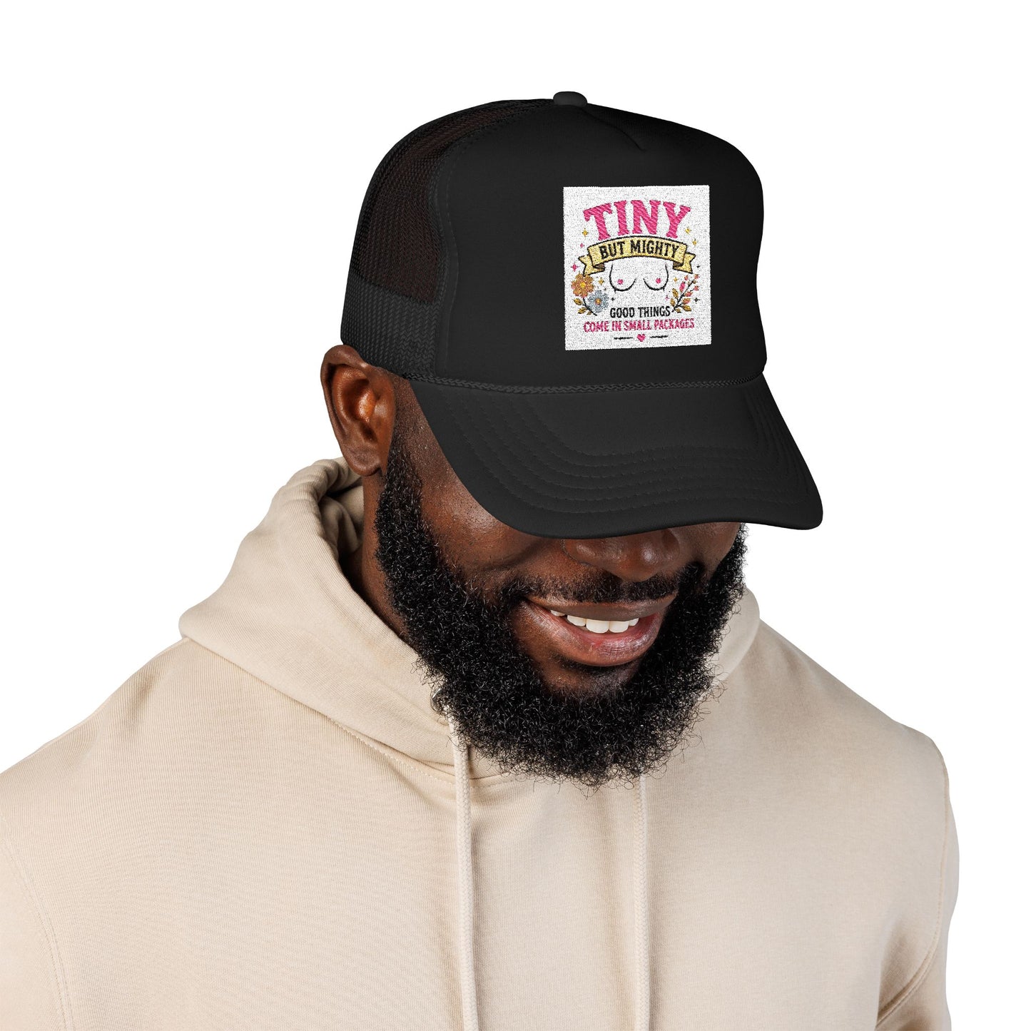 Tiny But Mighty design Foam Trucker Hat | cute floral graphic, pink mesh