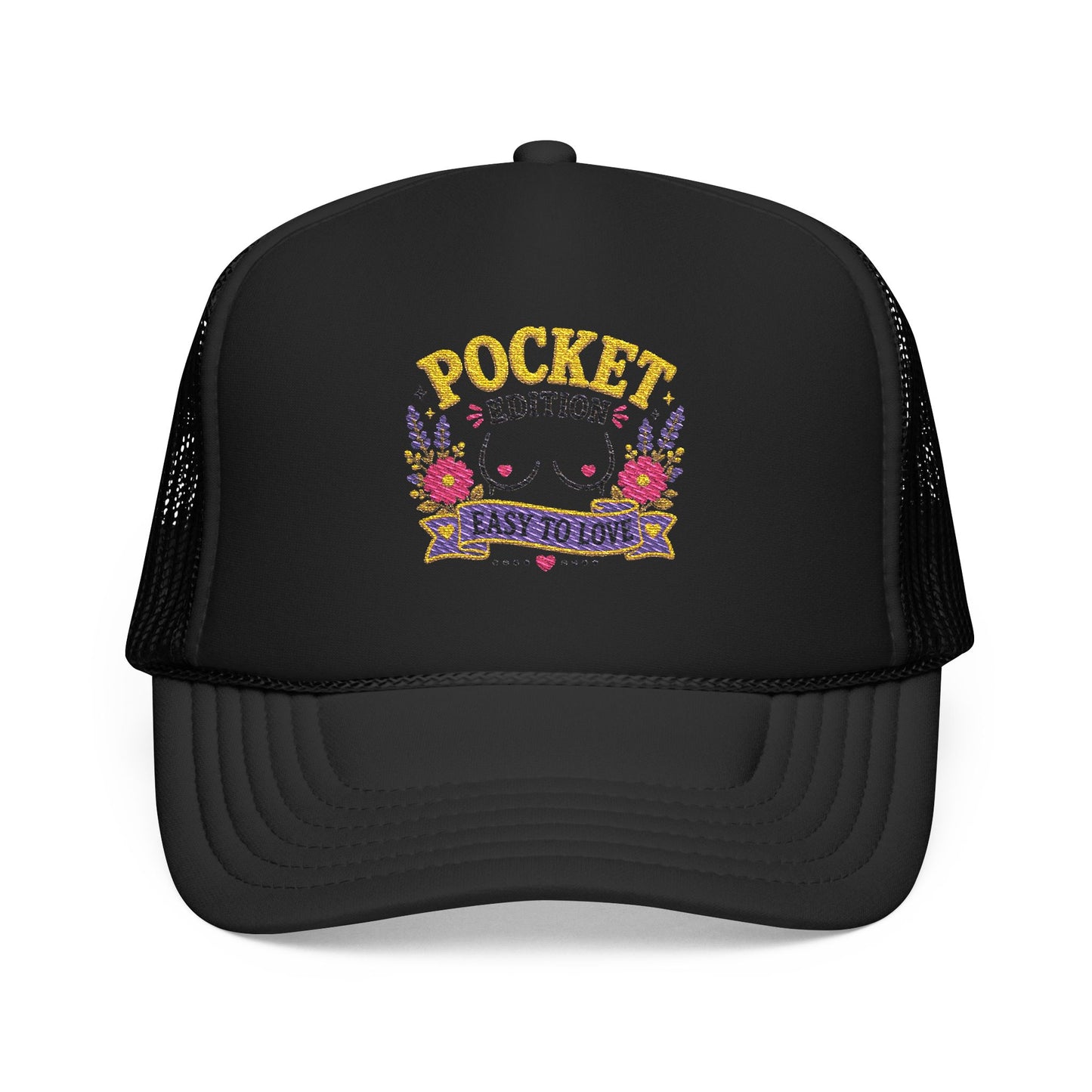 Pocket Edition breast illustration Foam Trucker Hat | floral graphic, playful slogan