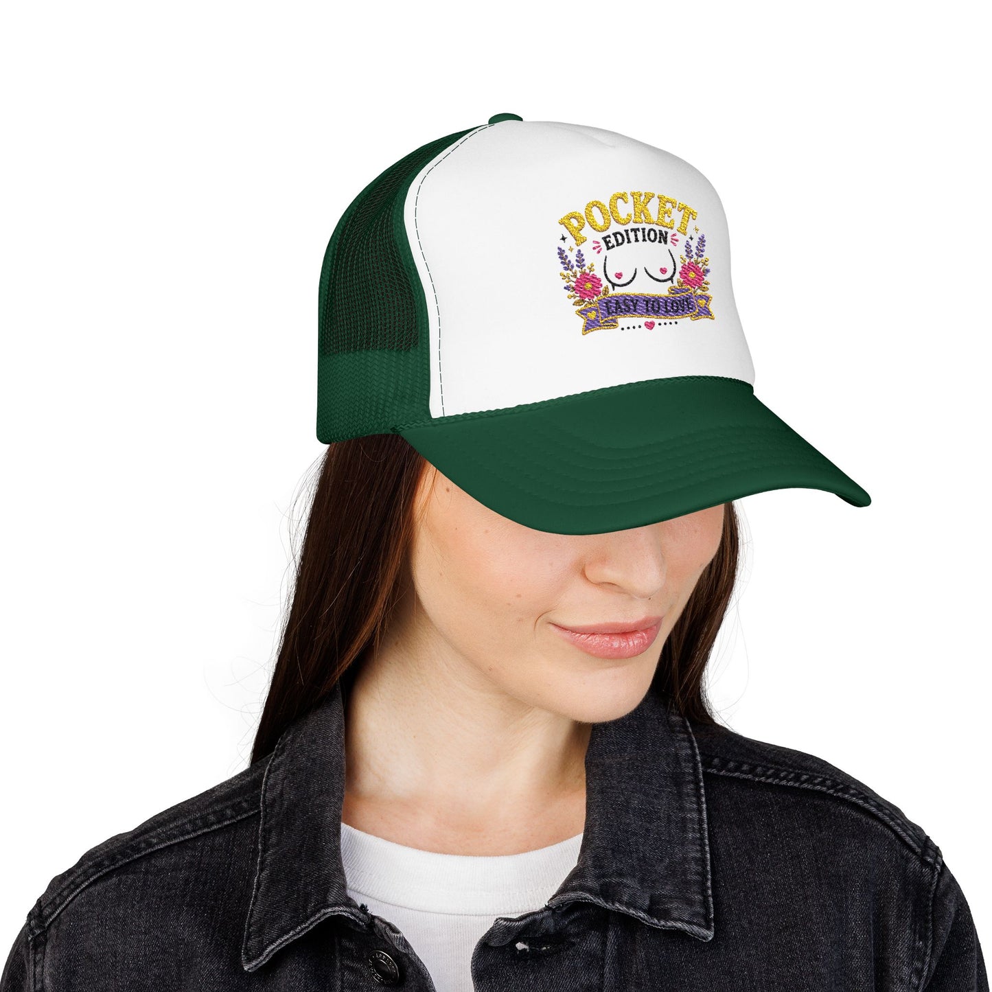 Pocket Edition breast illustration Foam Trucker Hat | floral graphic, playful slogan