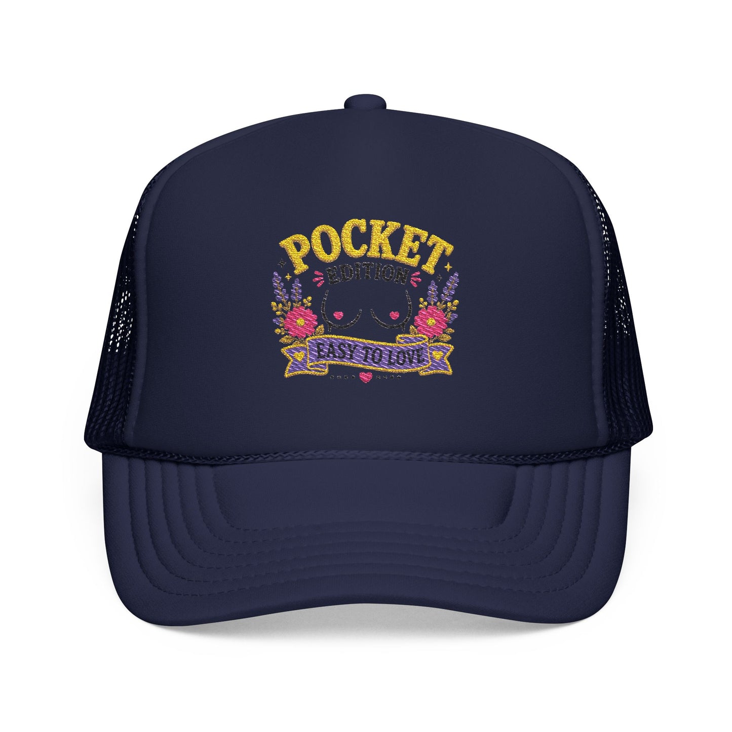 Pocket Edition breast illustration Foam Trucker Hat | floral graphic, playful slogan