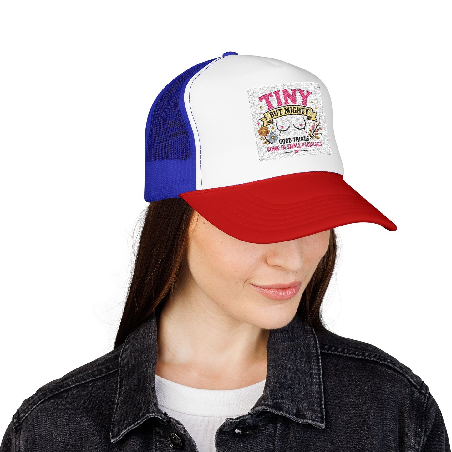 Tiny But Mighty design Foam Trucker Hat | cute floral graphic, pink mesh