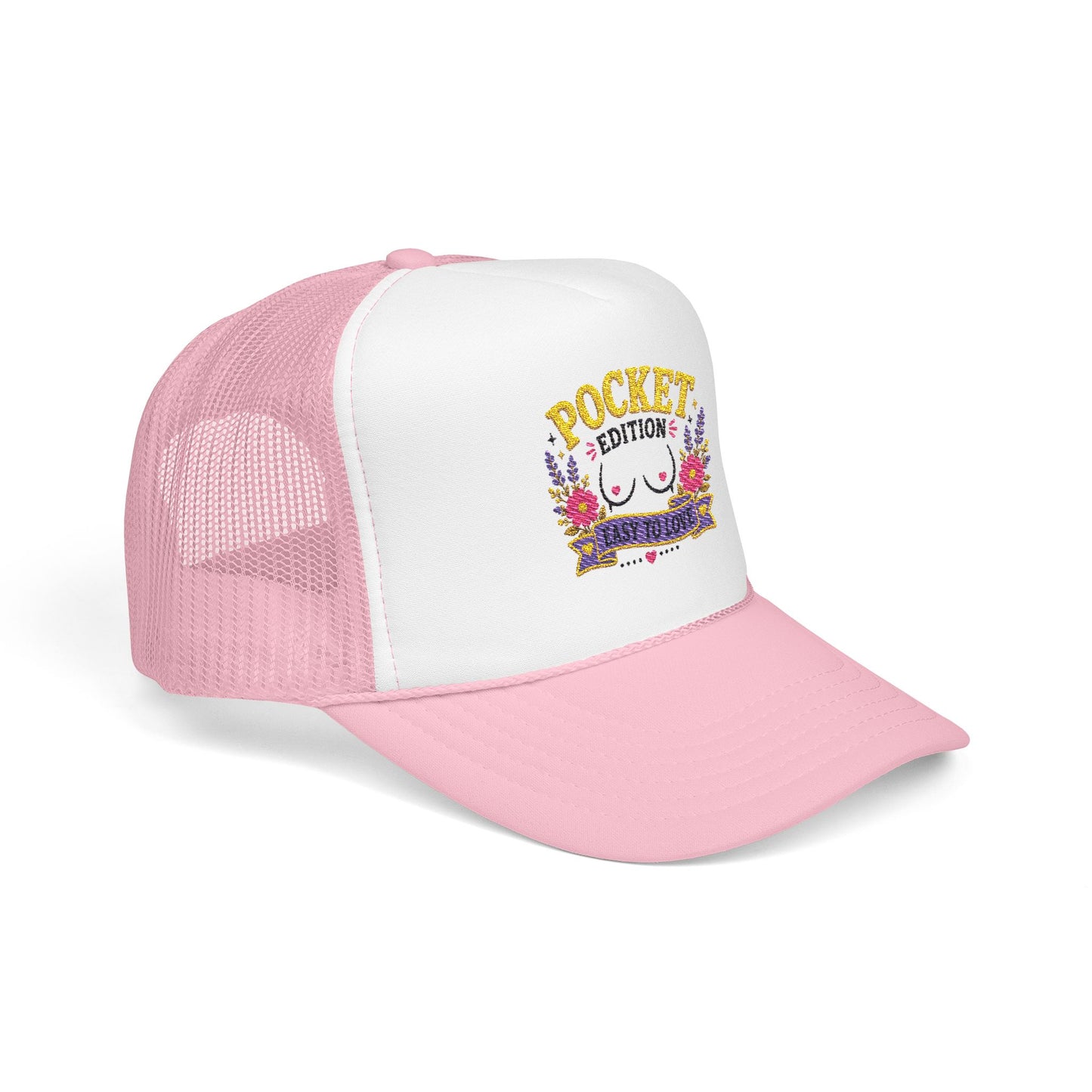 Pocket Edition breast illustration Foam Trucker Hat | floral graphic, playful slogan