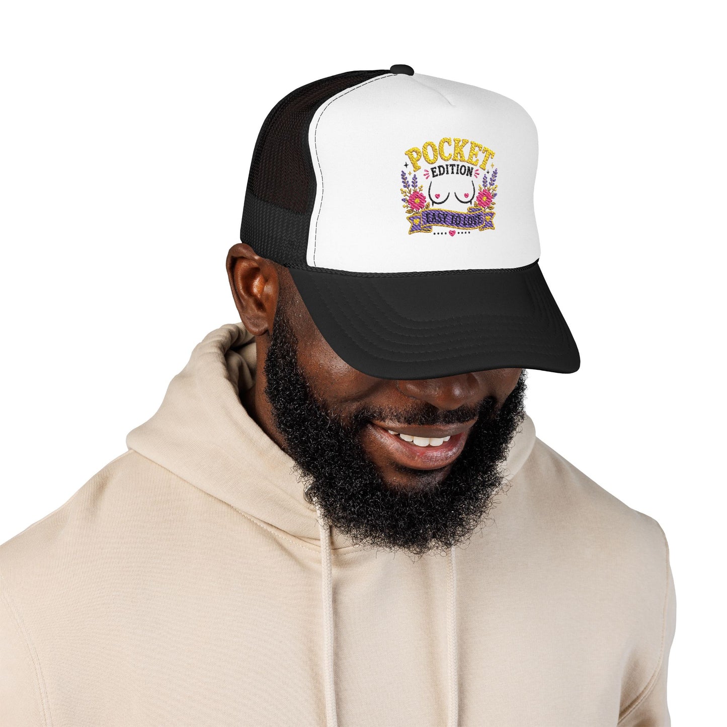 Pocket Edition breast illustration Foam Trucker Hat | floral graphic, playful slogan