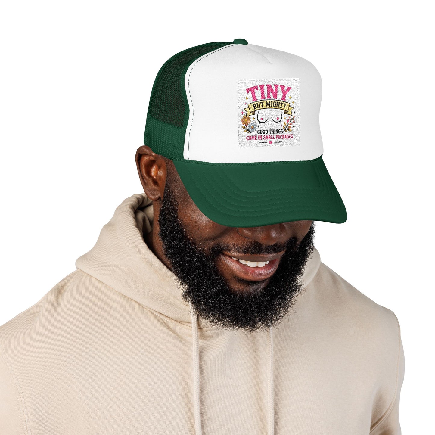 Tiny But Mighty design Foam Trucker Hat | cute floral graphic, pink mesh