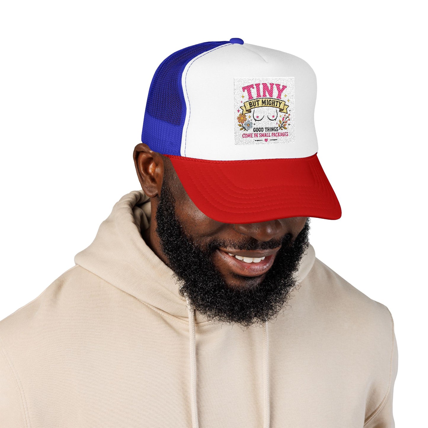 Tiny But Mighty design Foam Trucker Hat | cute floral graphic, pink mesh