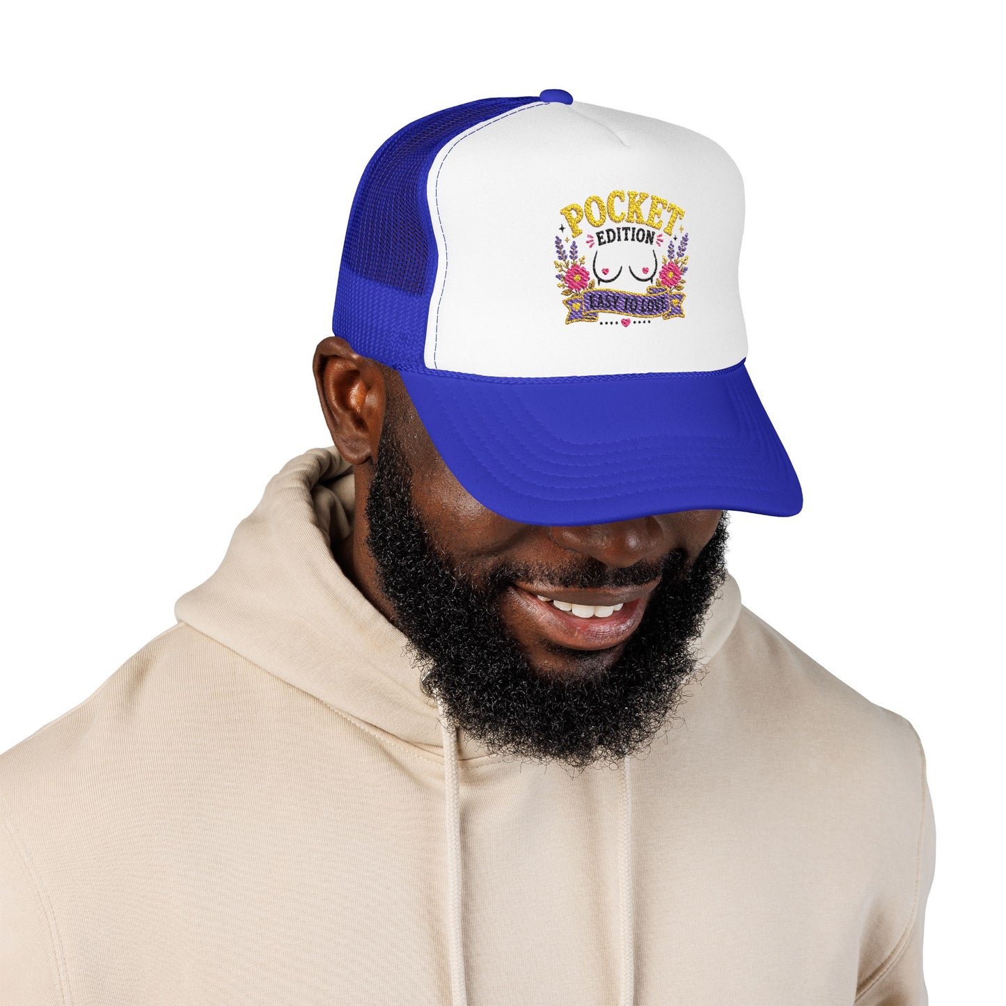 Pocket Edition breast illustration Foam Trucker Hat | floral graphic, playful slogan