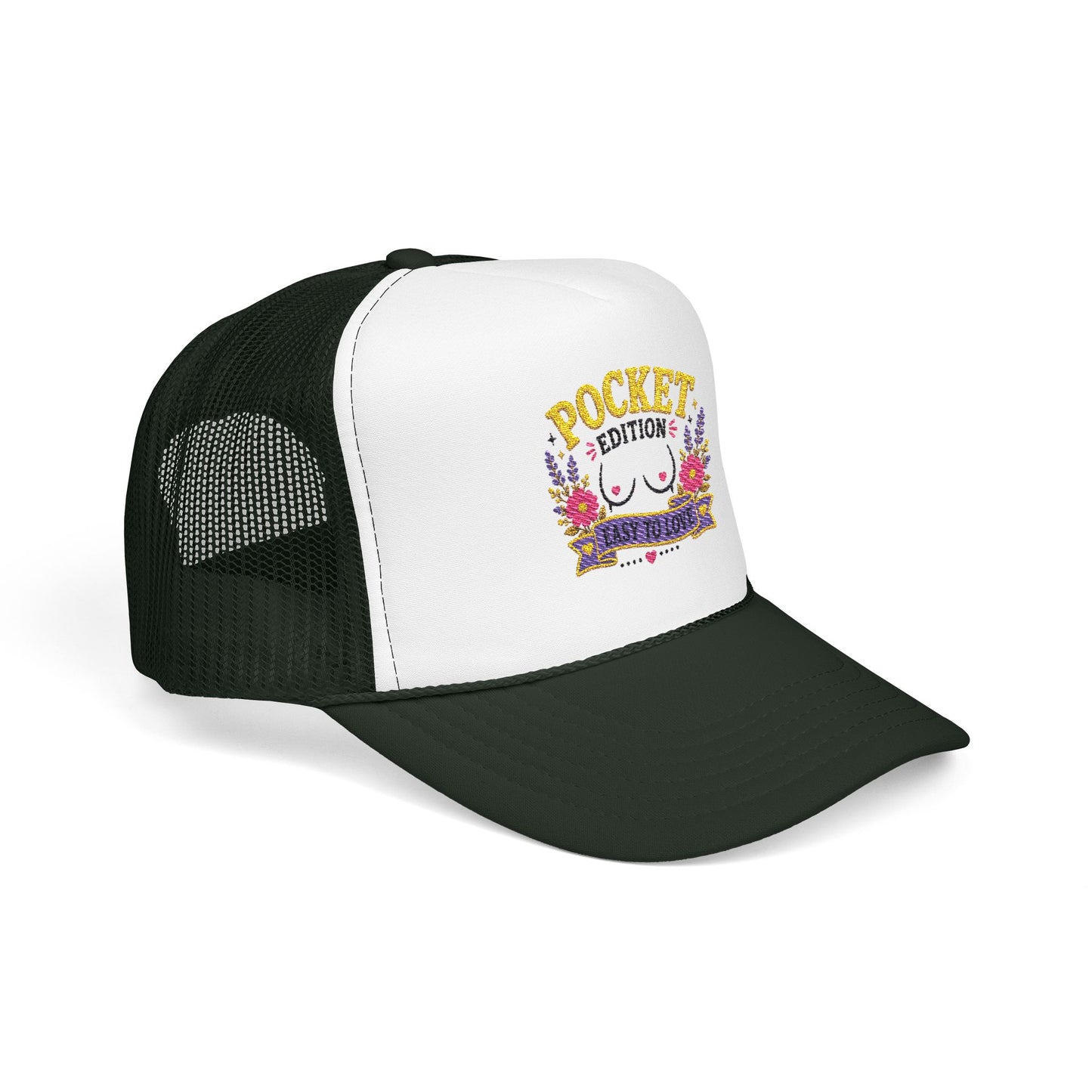 Pocket Edition breast illustration Foam Trucker Hat | floral graphic, playful slogan