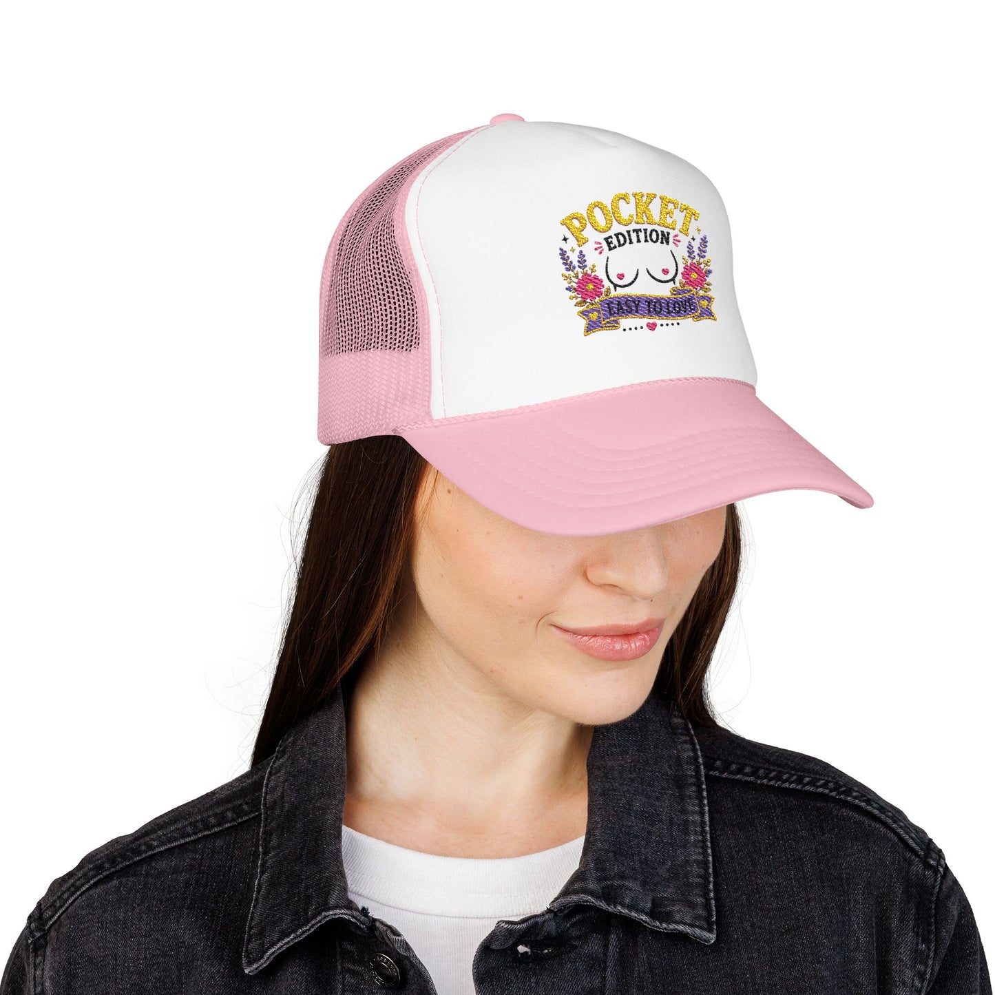 Pocket Edition breast illustration Foam Trucker Hat | floral graphic, playful slogan