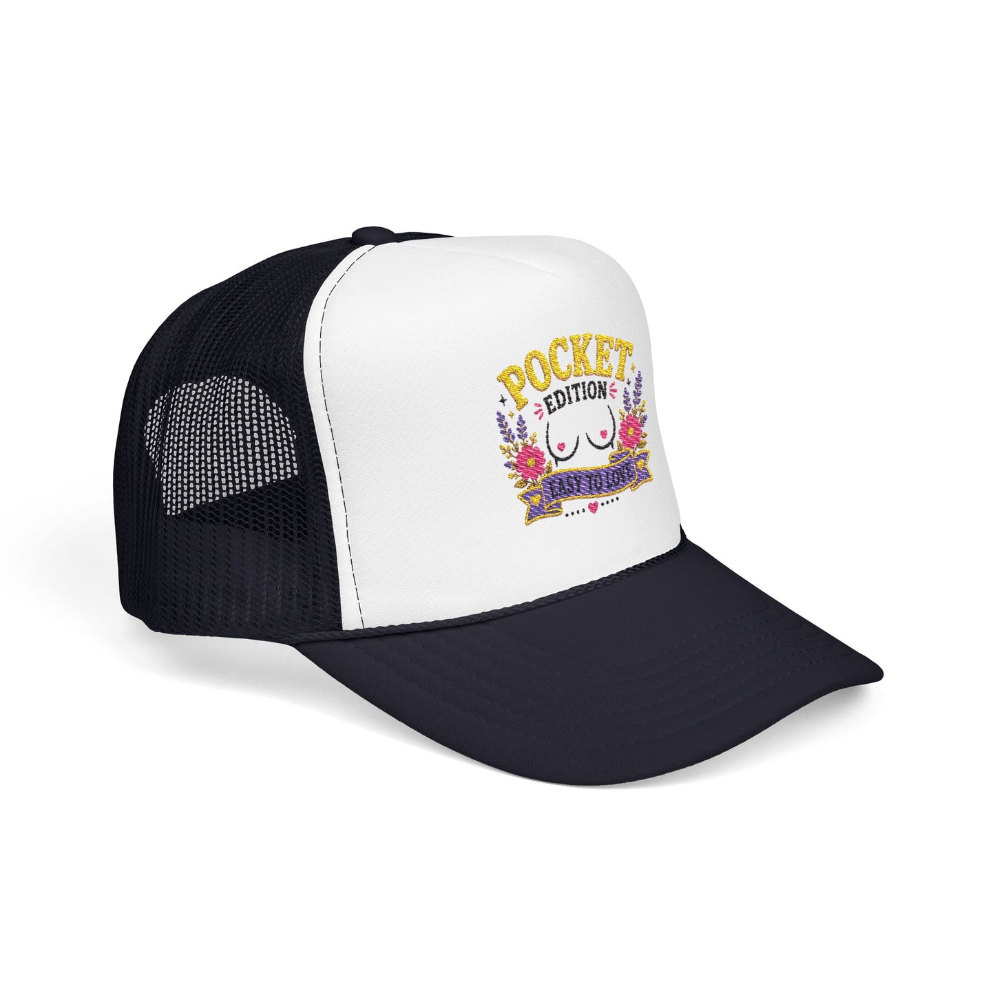 Pocket Edition breast illustration Foam Trucker Hat | floral graphic, playful slogan