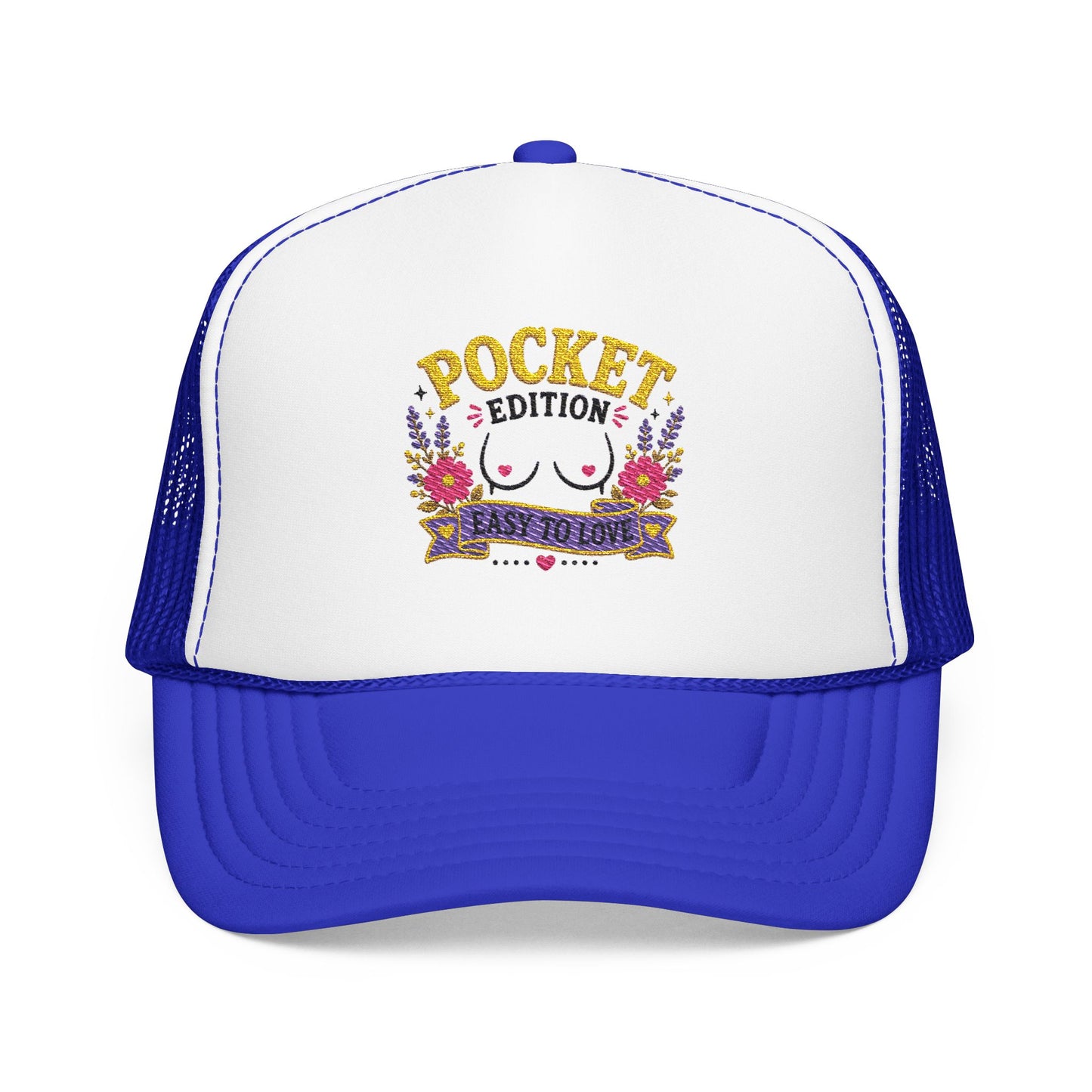 Pocket Edition breast illustration Foam Trucker Hat | floral graphic, playful slogan
