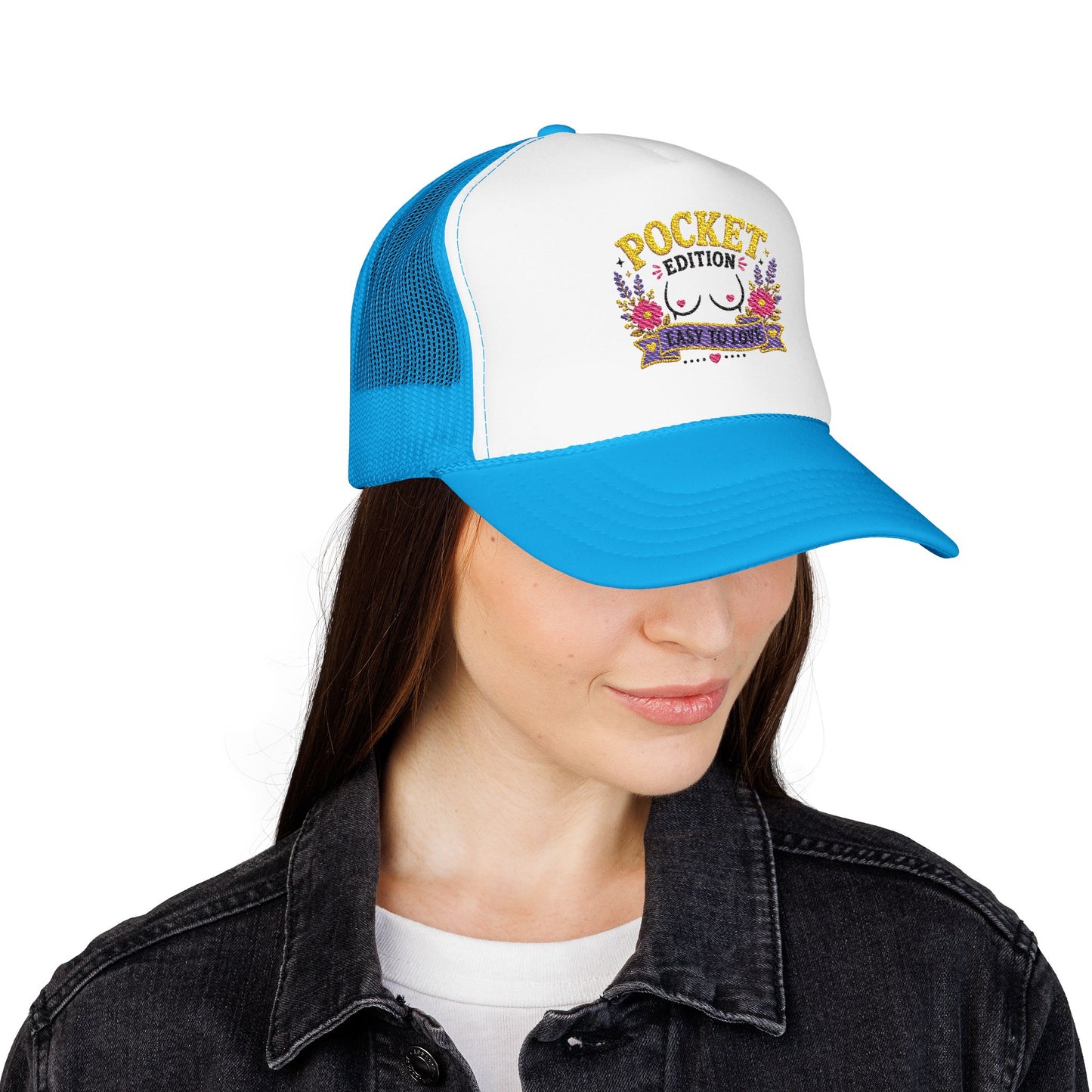 Pocket Edition breast illustration Foam Trucker Hat | floral graphic, playful slogan
