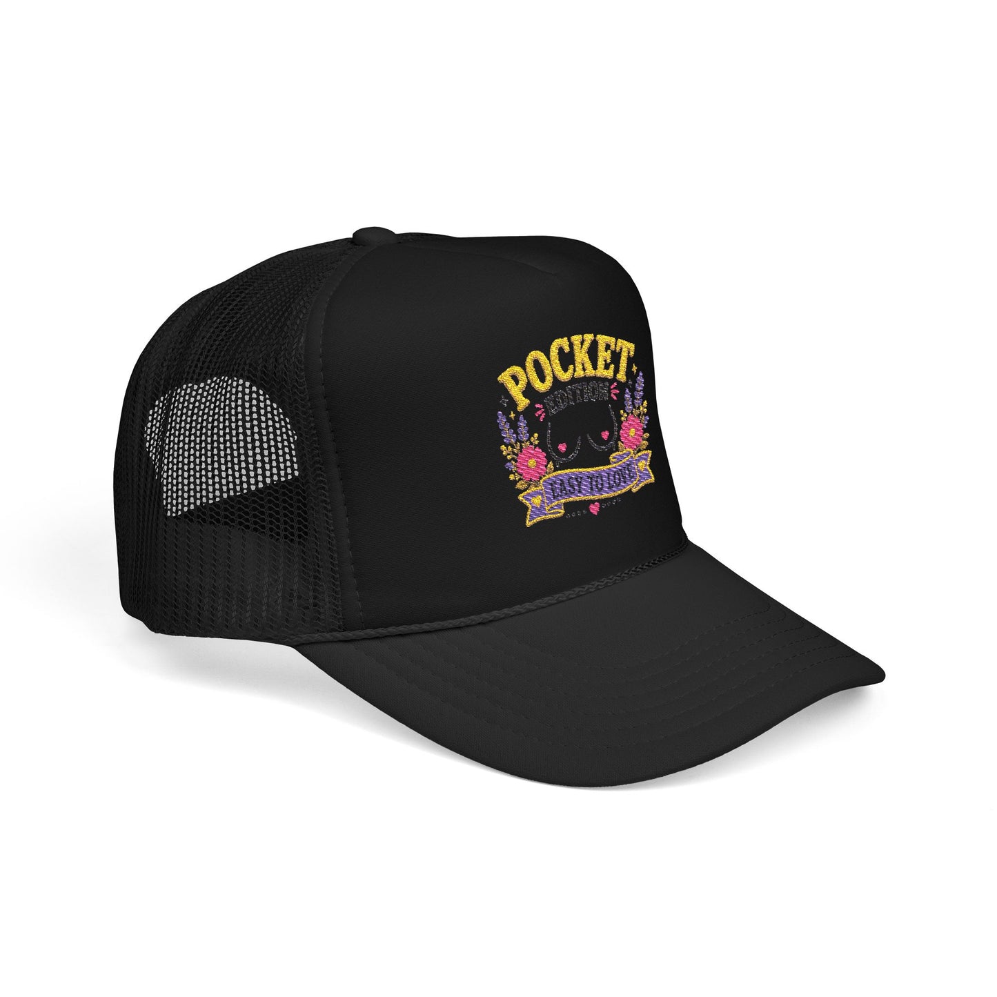Pocket Edition breast illustration Foam Trucker Hat | floral graphic, playful slogan