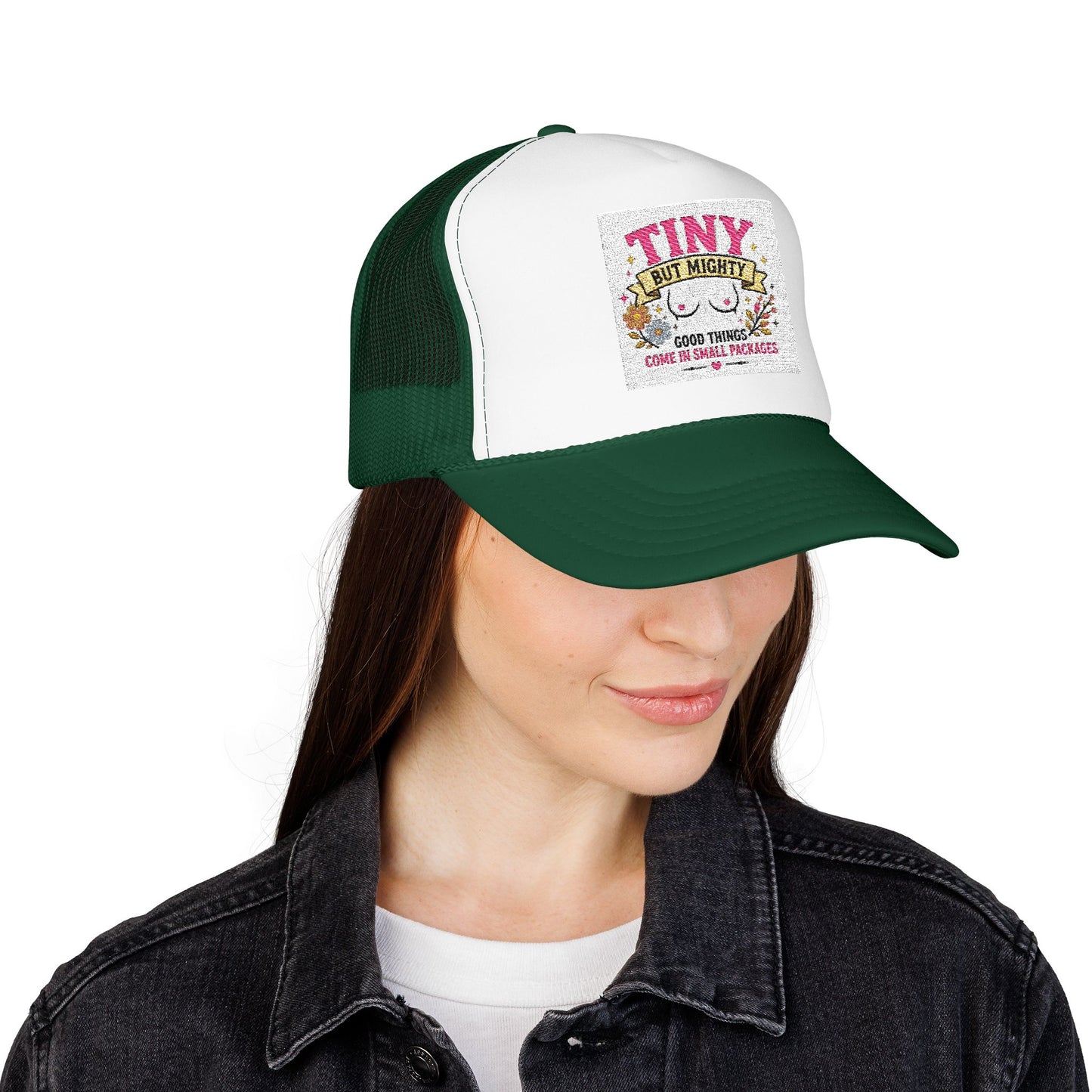 Tiny But Mighty design Foam Trucker Hat | cute floral graphic, pink mesh