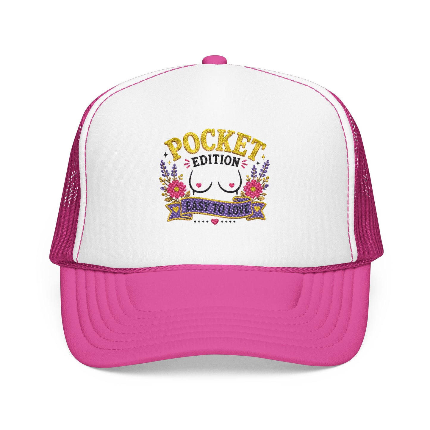 Pocket Edition breast illustration Foam Trucker Hat | floral graphic, playful slogan