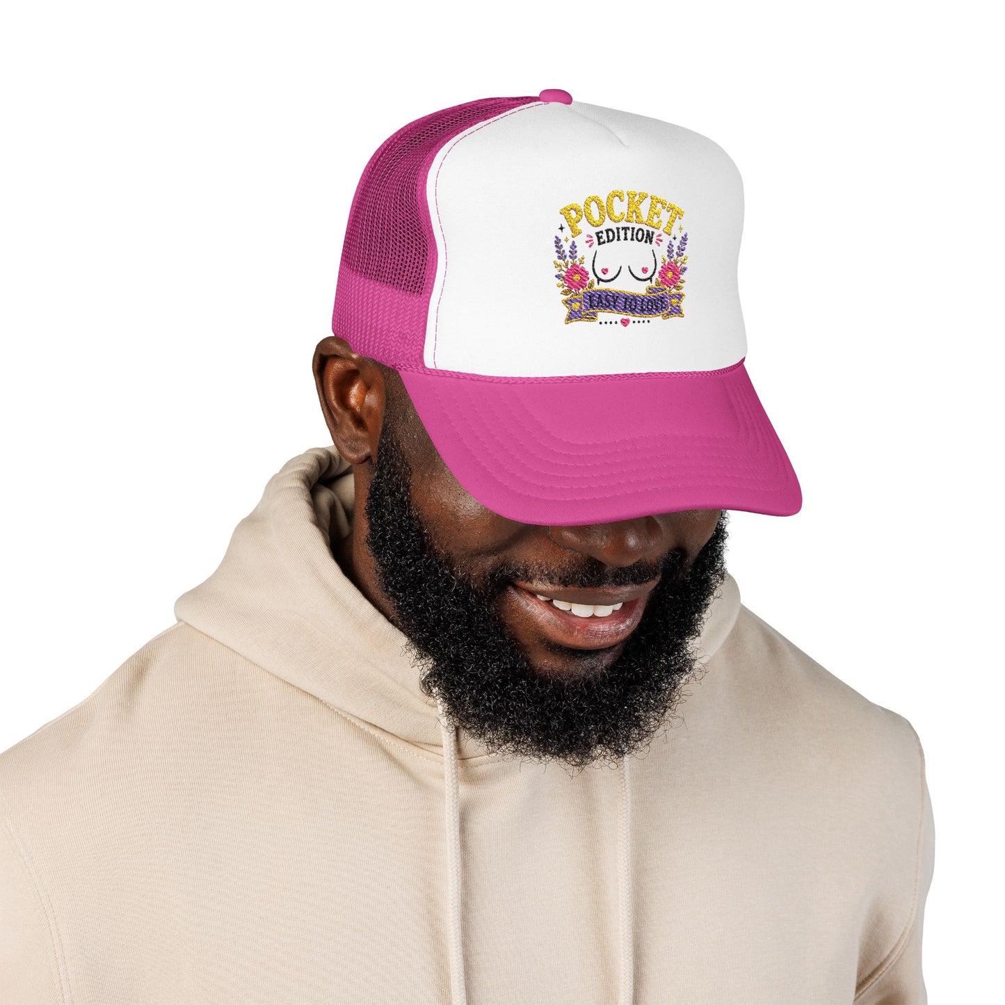 Pocket Edition breast illustration Foam Trucker Hat | floral graphic, playful slogan