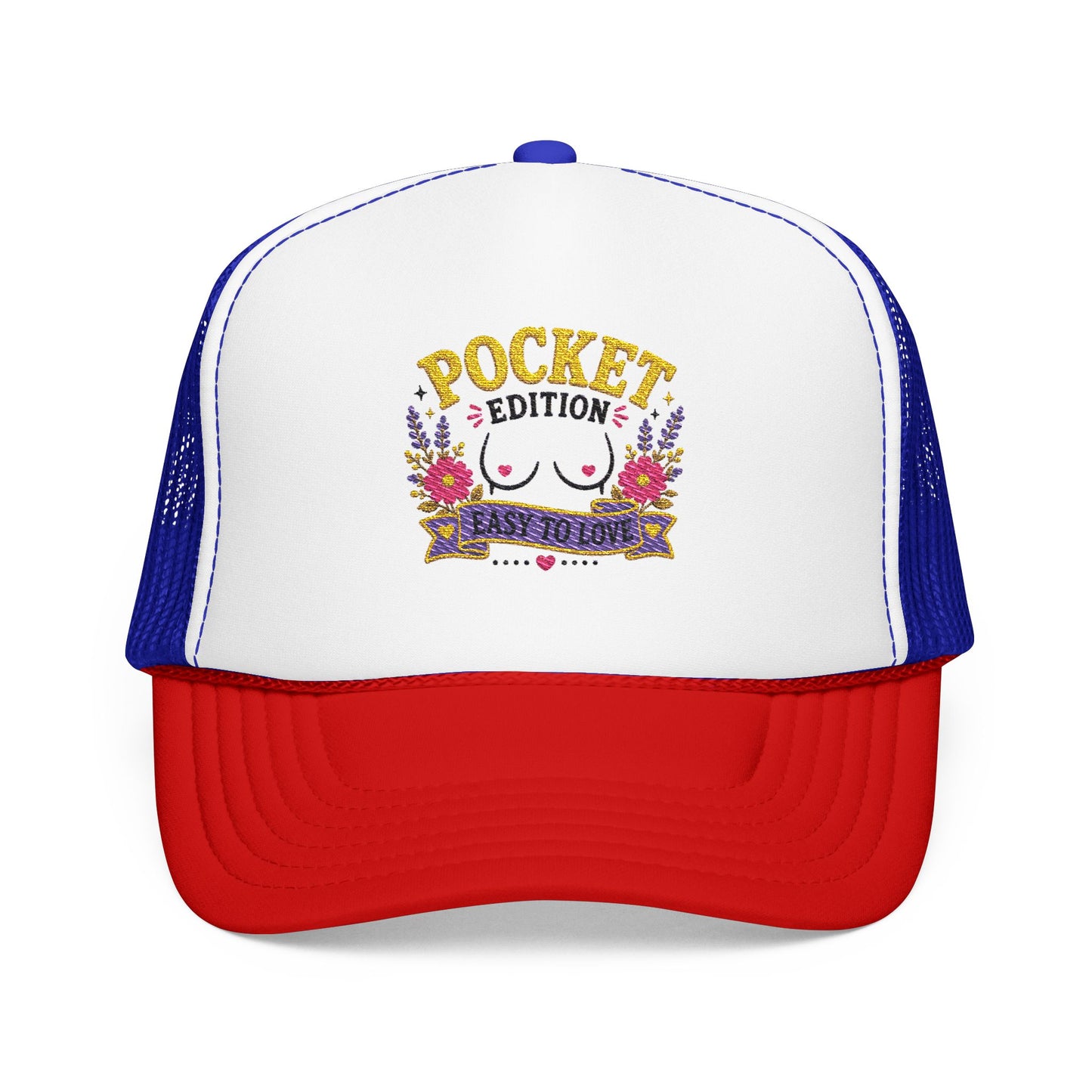 Pocket Edition breast illustration Foam Trucker Hat | floral graphic, playful slogan