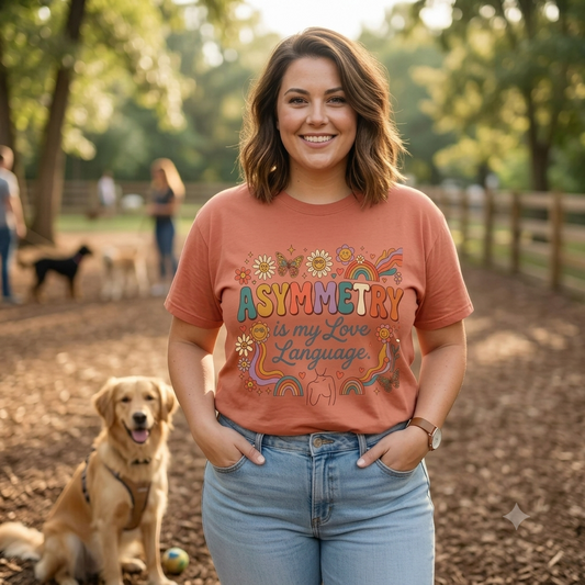 Asymmetry Is My Love Language T-Shirt | Retro Floral Rainbow Design