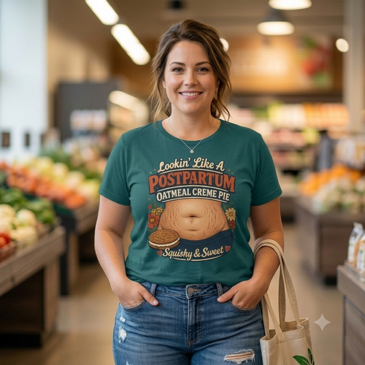 Postpartum Oatmeal Creme Pie Belly Illustration T-Shirt | Squishy & Sweet