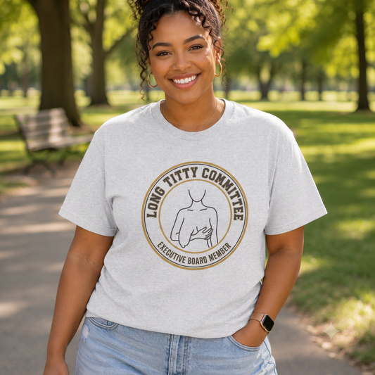 Long Titty Committee emblem Tee | funny badge design, outline figure, novelty shirt