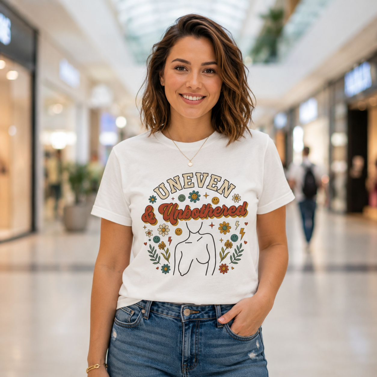 Uneven & Unbothered illustration T-Shirt | Line Art Figure, Floral Retro Text