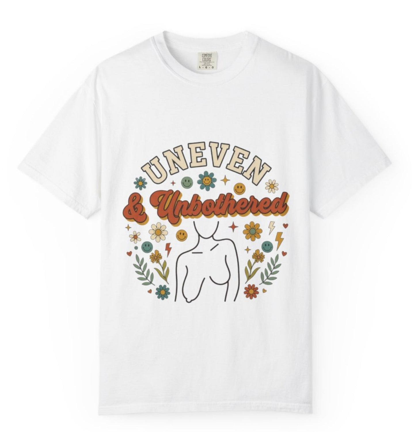 Uneven & Unbothered illustration T-Shirt | Line Art Figure, Floral Retro Text