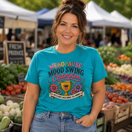 Menopause Mood Swing Champion T-Shirt | Funny Menopause Tee, Trophy Floral Design
