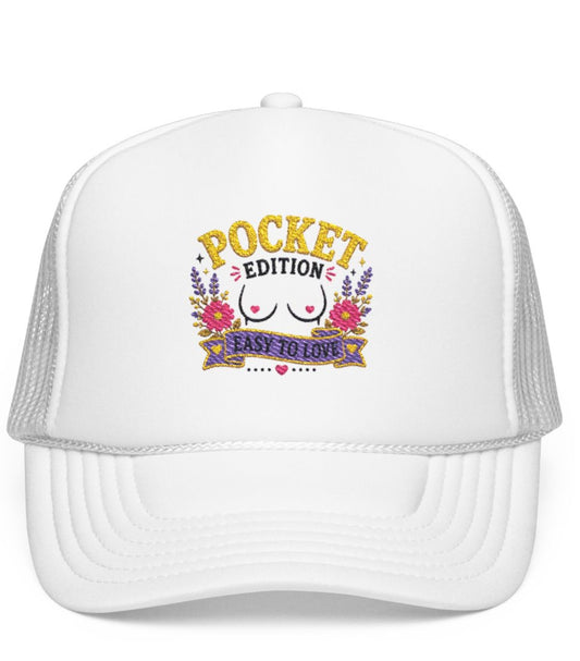 Pocket Edition breast illustration Foam Trucker Hat | floral graphic, playful slogan