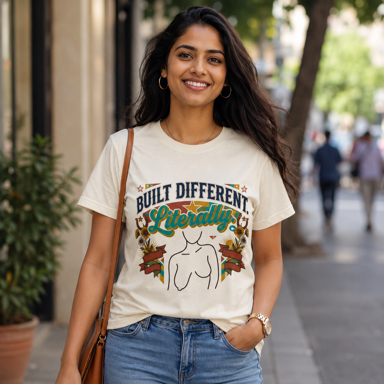 Built Different Literally T-shirt | Retro Floral Chest Line Art