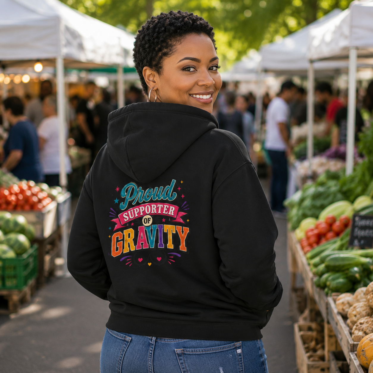 Supporter of Gravity Hoodie — Cute Heart Graphic Back Print