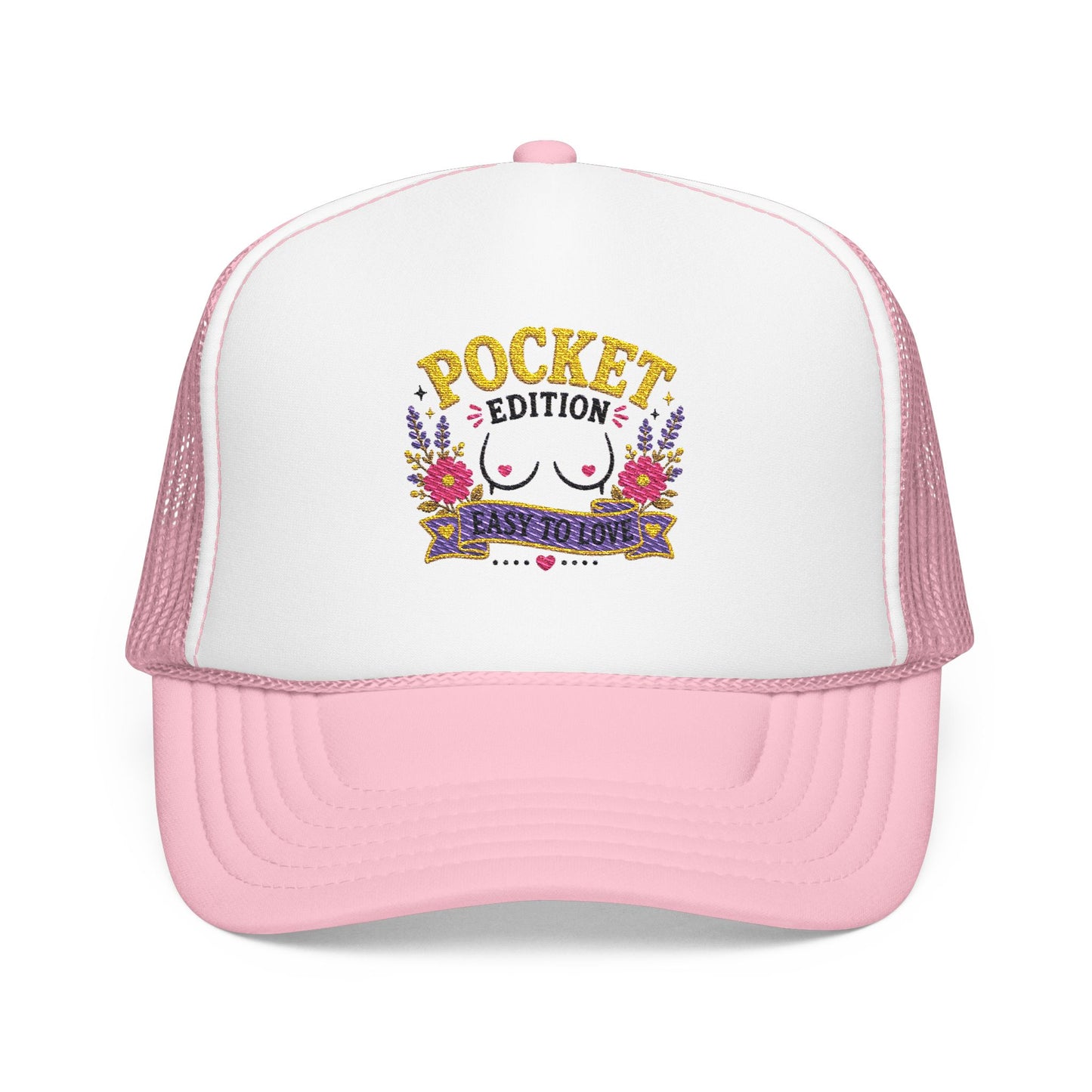 Pocket Edition breast illustration Foam Trucker Hat | floral graphic, playful slogan