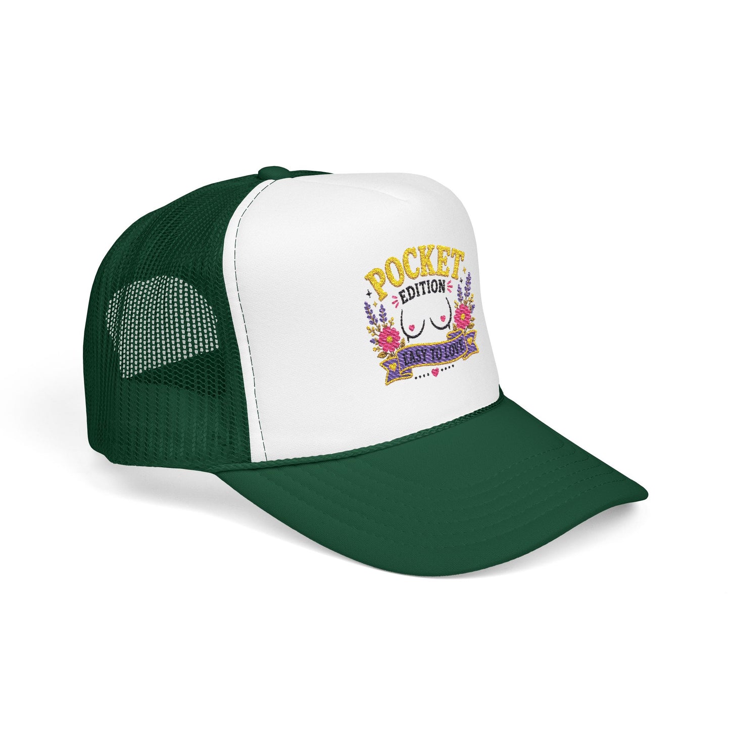 Pocket Edition breast illustration Foam Trucker Hat | floral graphic, playful slogan