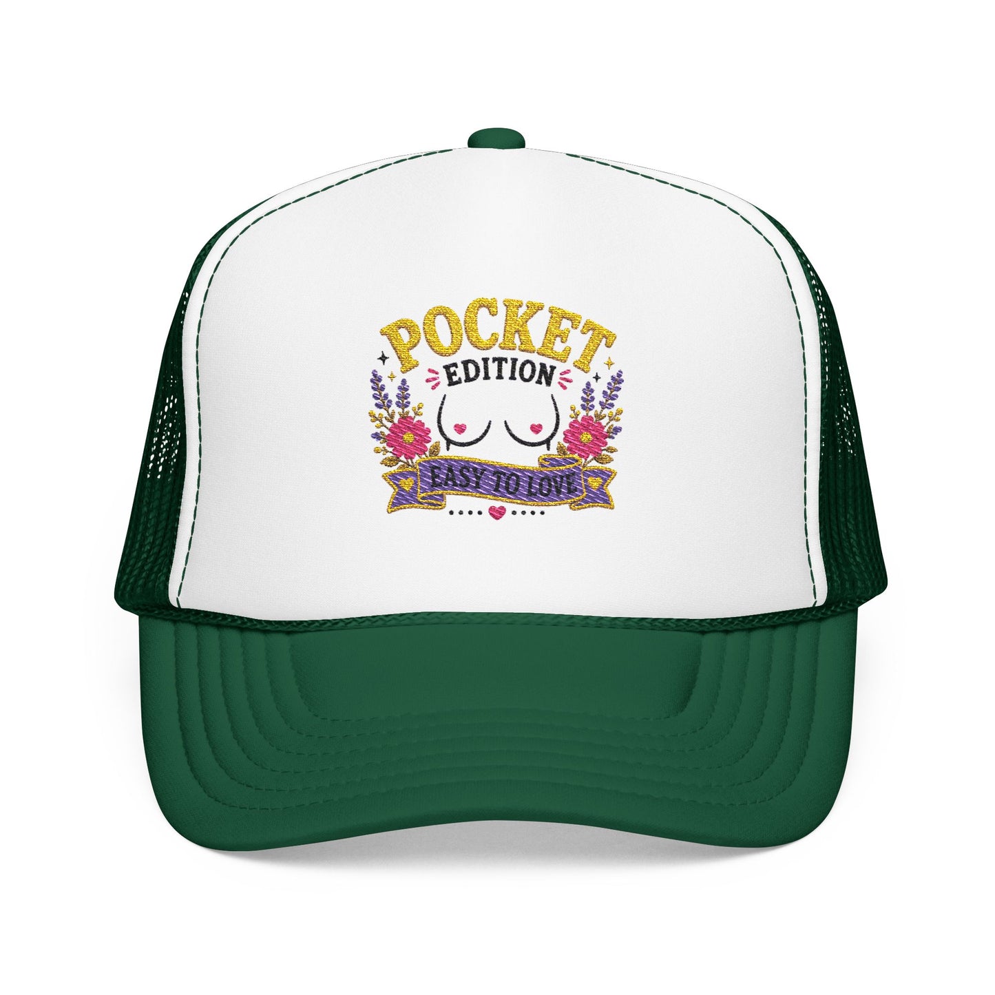 Pocket Edition breast illustration Foam Trucker Hat | floral graphic, playful slogan