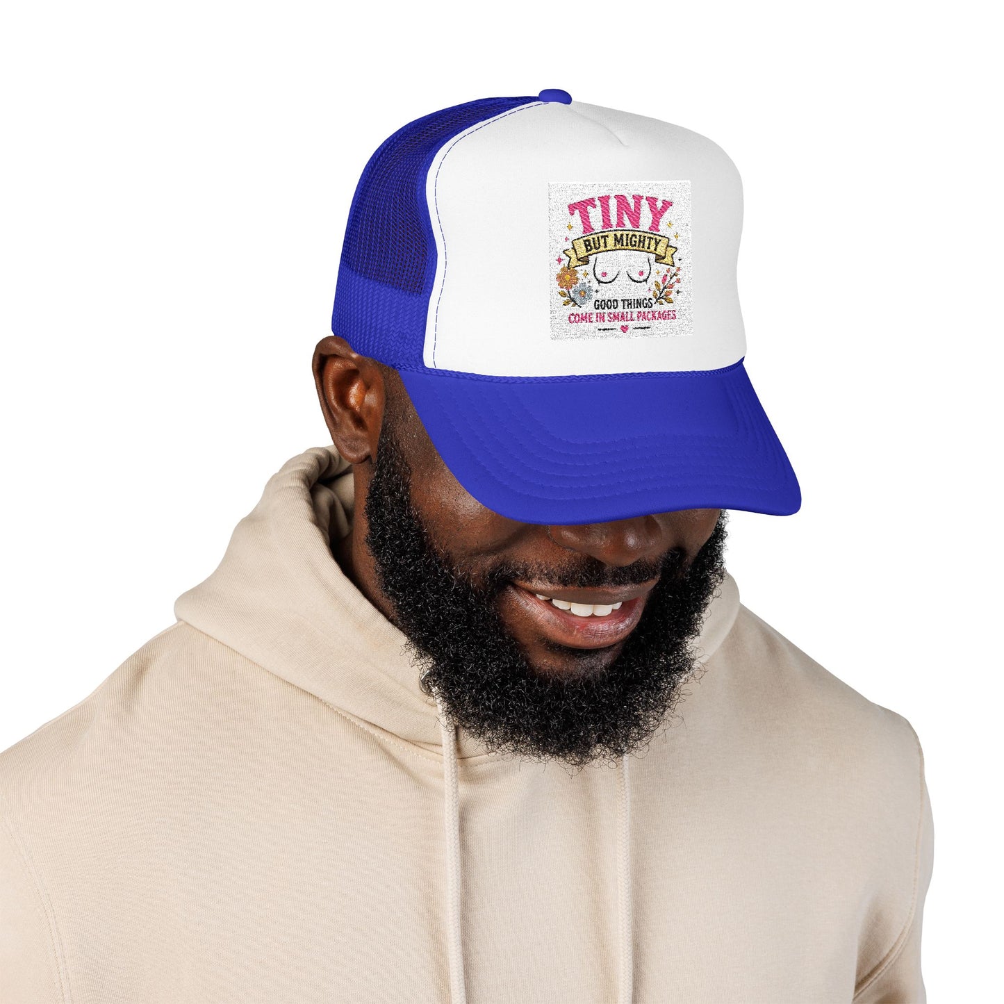 Tiny But Mighty design Foam Trucker Hat | cute floral graphic, pink mesh