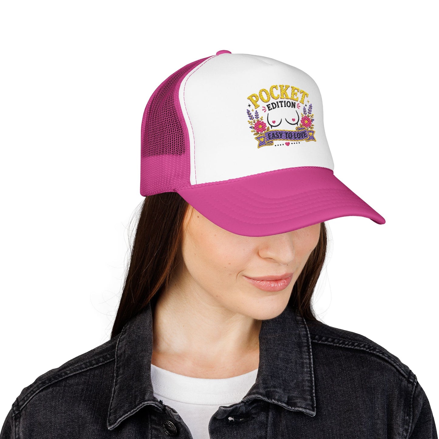 Pocket Edition breast illustration Foam Trucker Hat | floral graphic, playful slogan