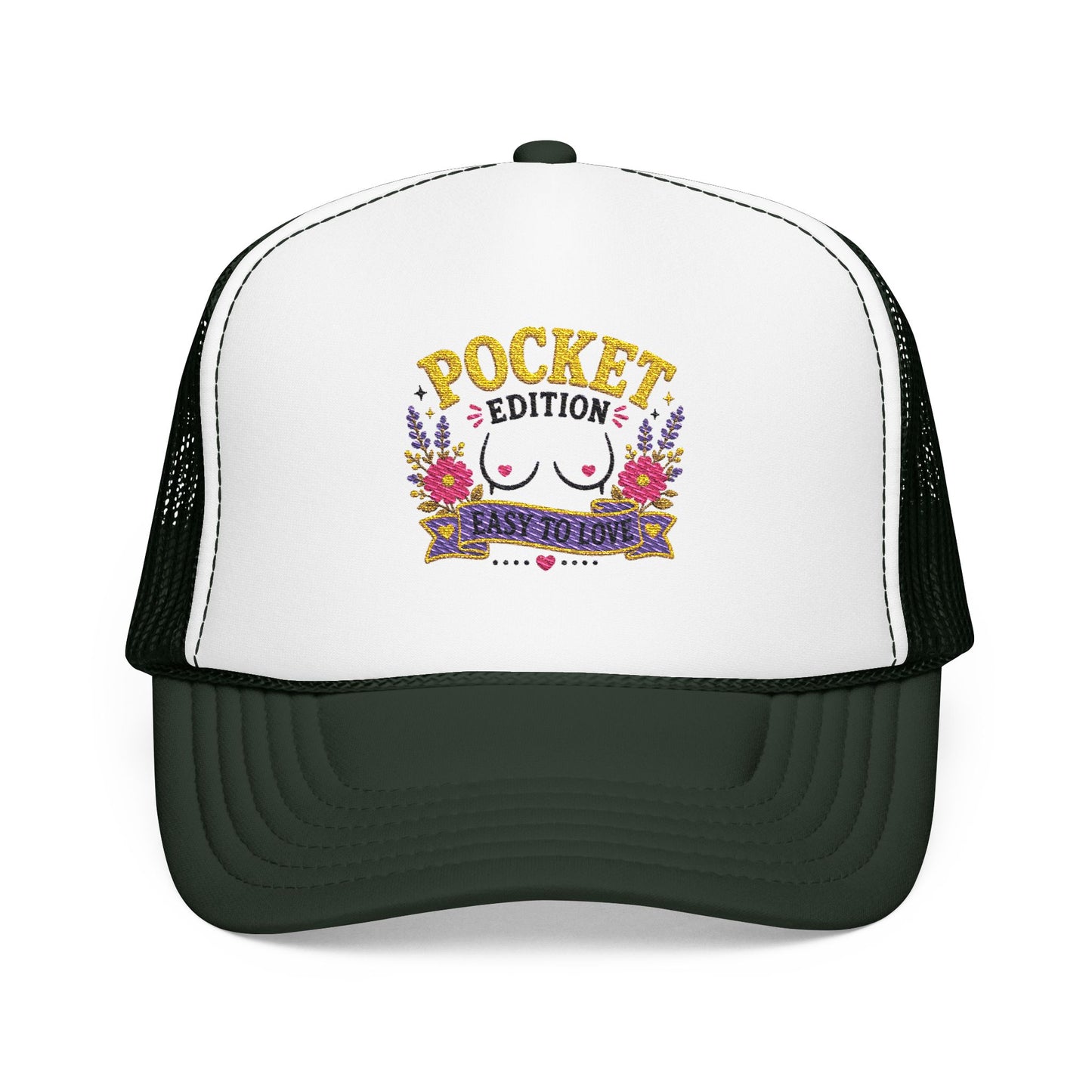 Pocket Edition breast illustration Foam Trucker Hat | floral graphic, playful slogan