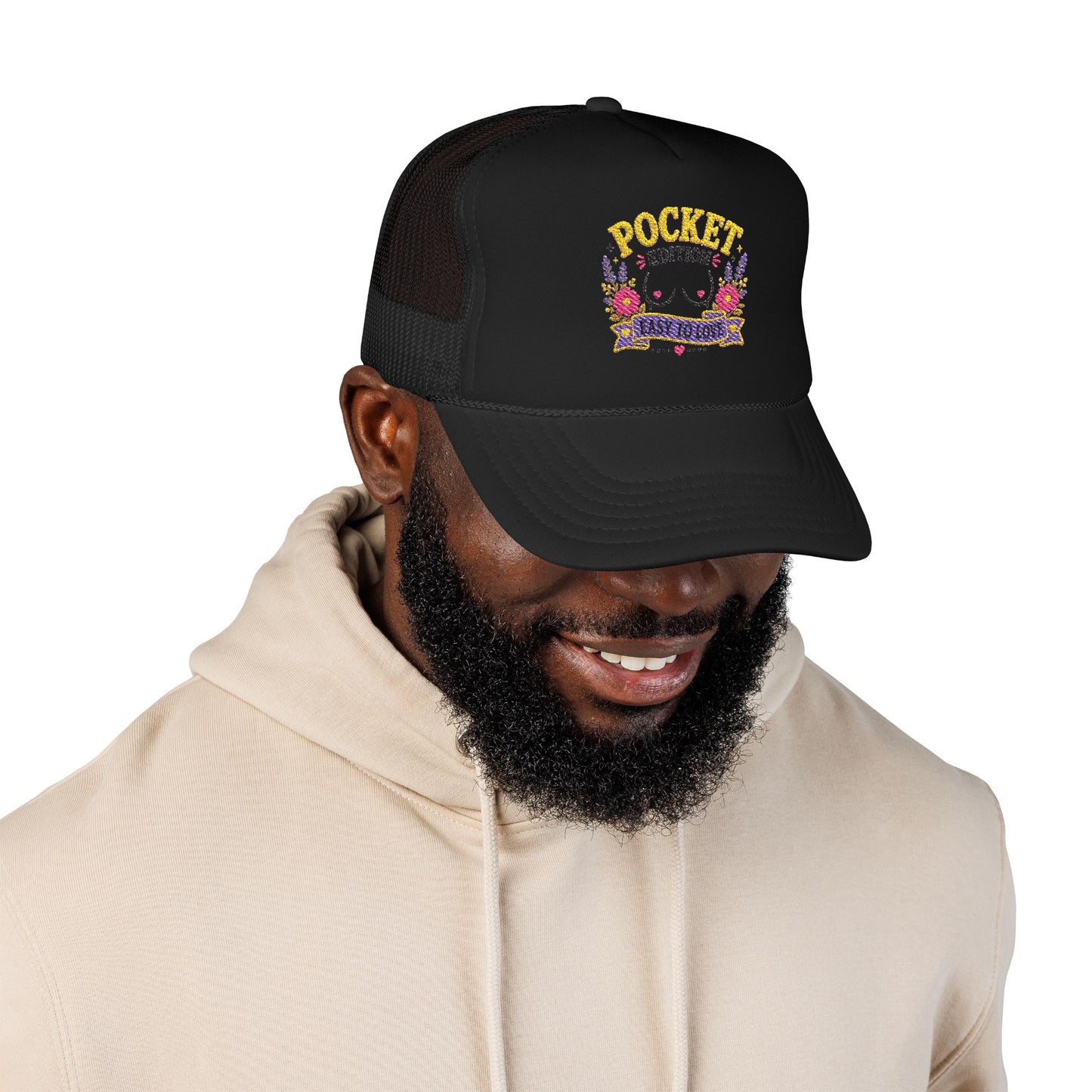 Pocket Edition breast illustration Foam Trucker Hat | floral graphic, playful slogan