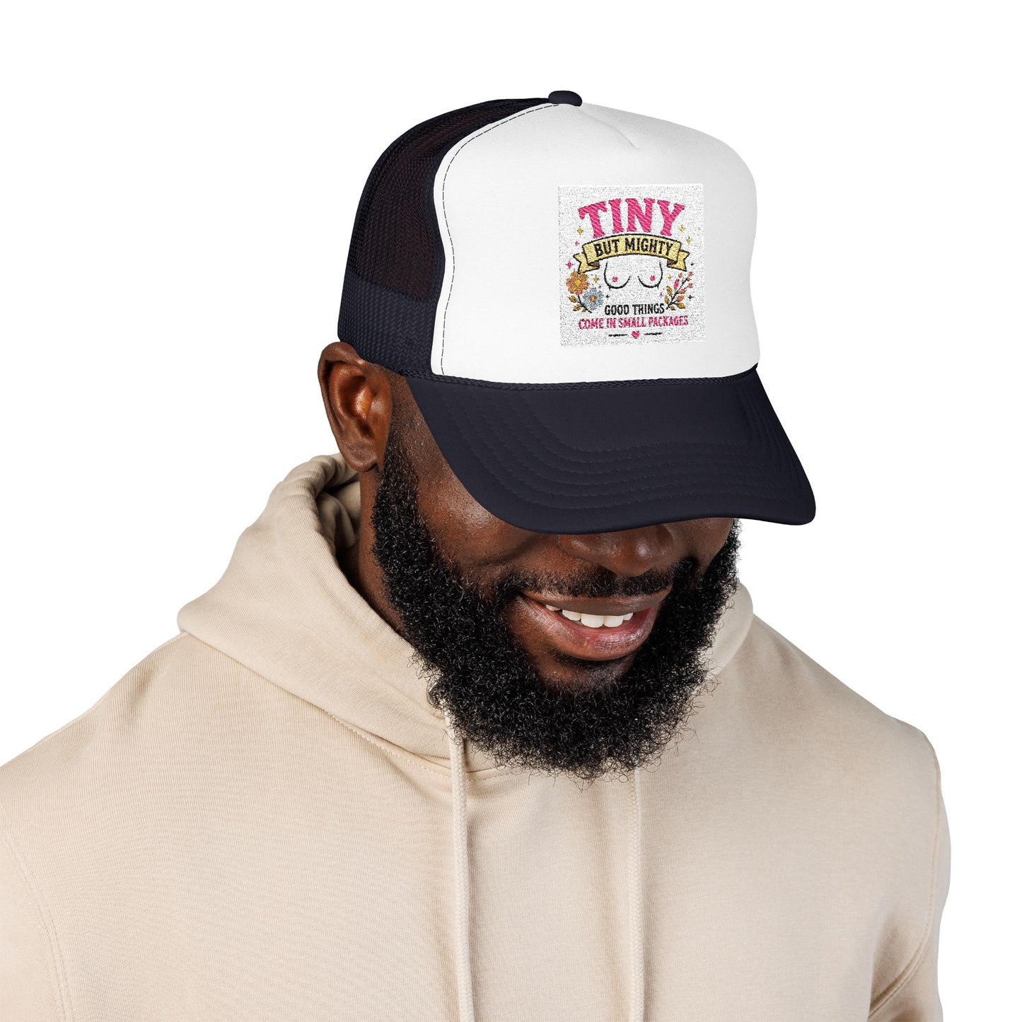 Tiny But Mighty design Foam Trucker Hat | cute floral graphic, pink mesh