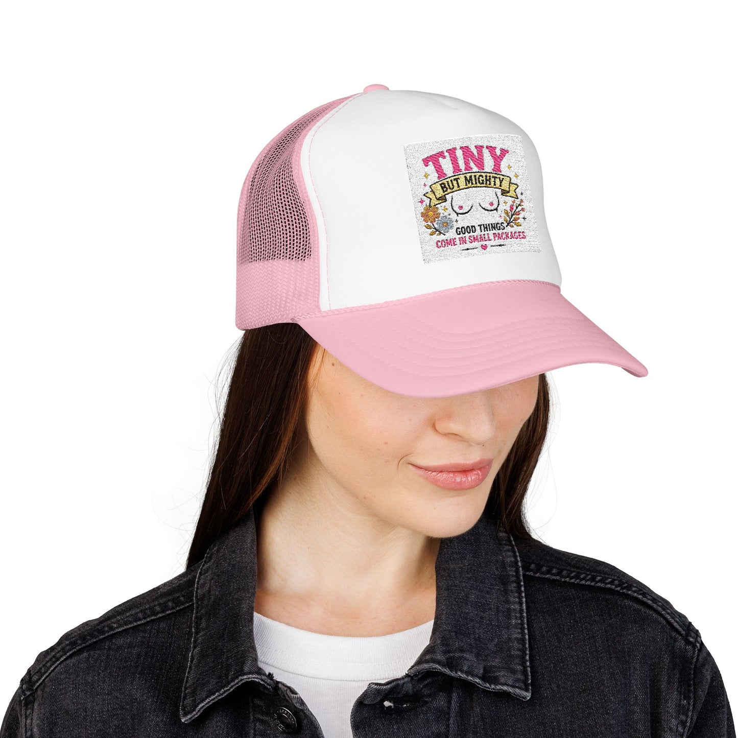 Tiny But Mighty design Foam Trucker Hat | cute floral graphic, pink mesh