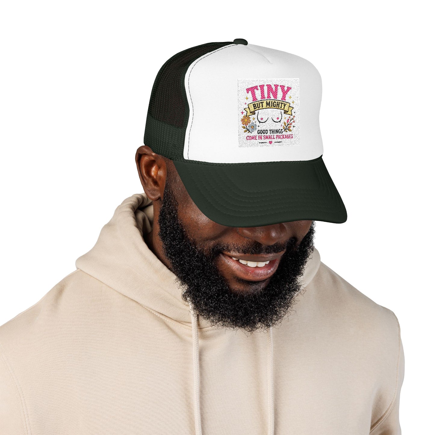Tiny But Mighty design Foam Trucker Hat | cute floral graphic, pink mesh