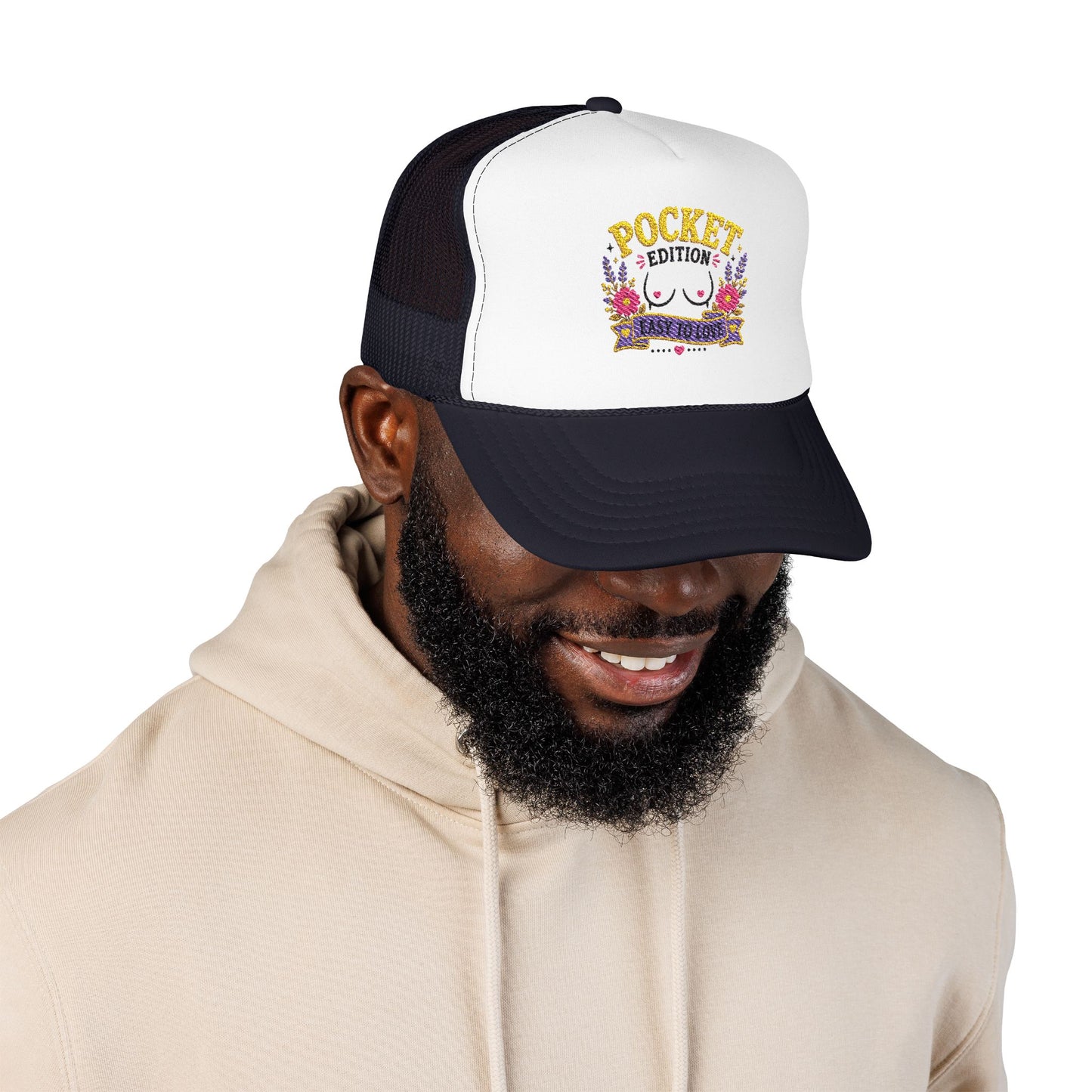 Pocket Edition breast illustration Foam Trucker Hat | floral graphic, playful slogan